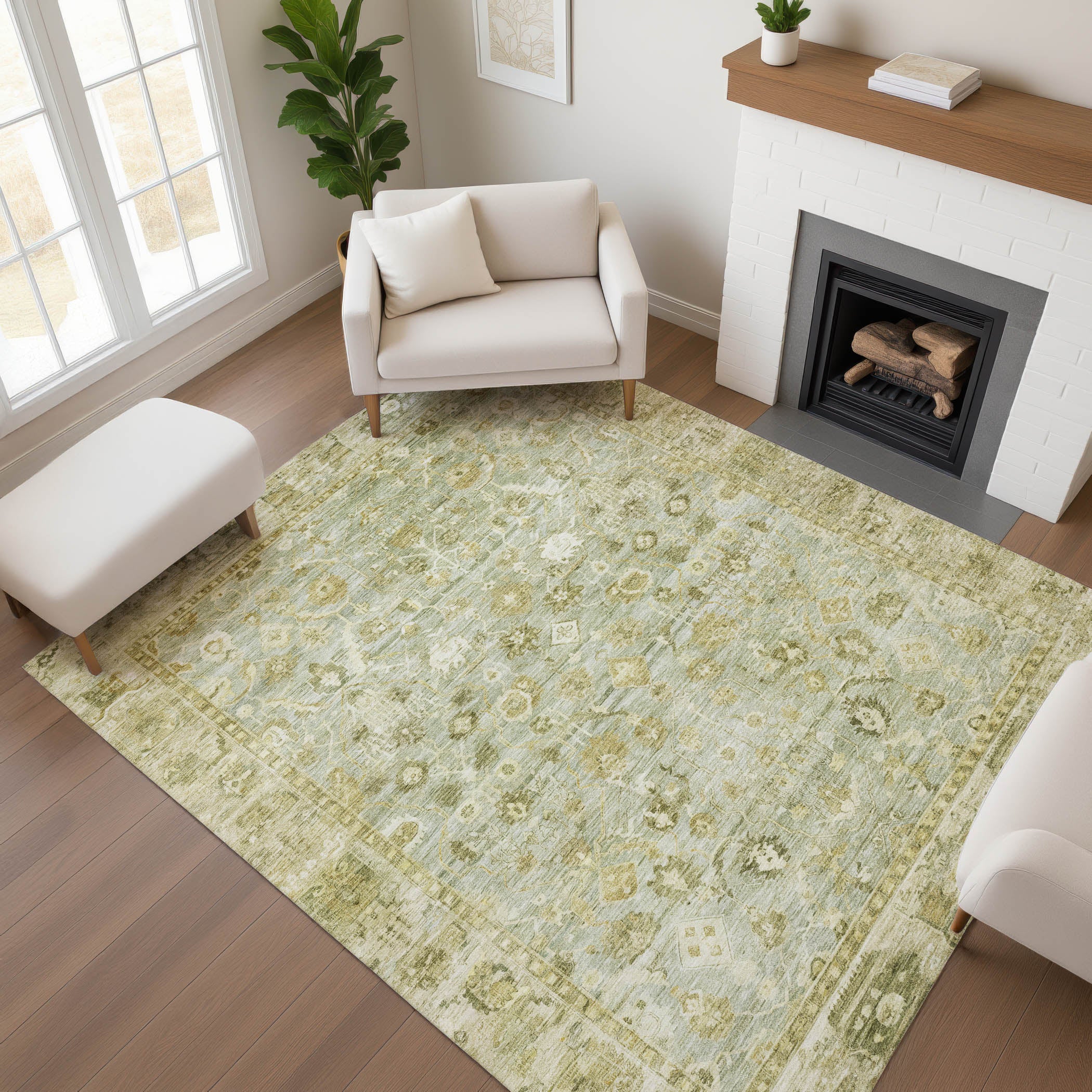 Cairo Machine Washable Traditional Sage Green Rug 2'6" x 3'10" #shape_Rectangle