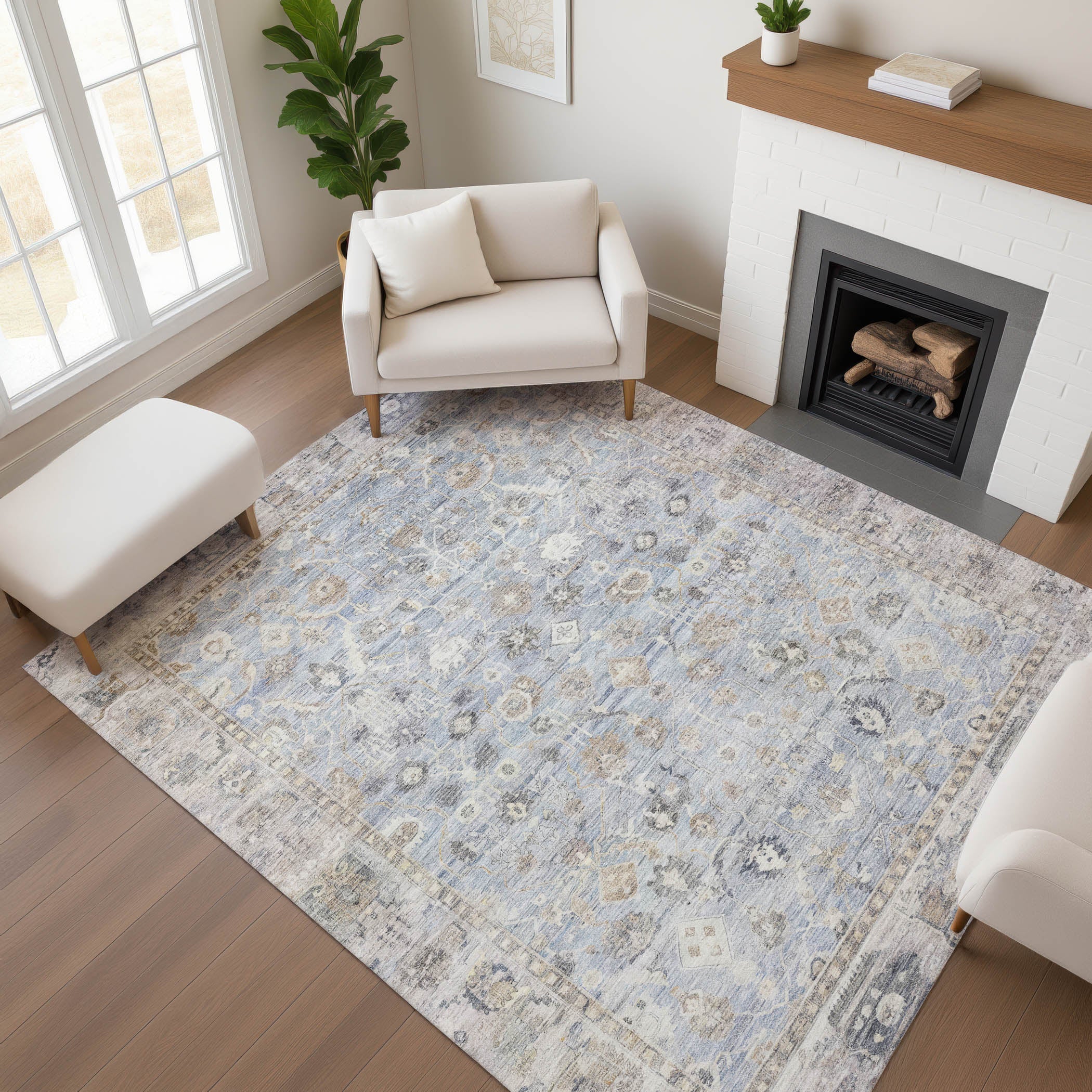 Cairo Machine Washable Traditional Sky Blue Rug 2'6" x 3'10" #shape_Rectangle