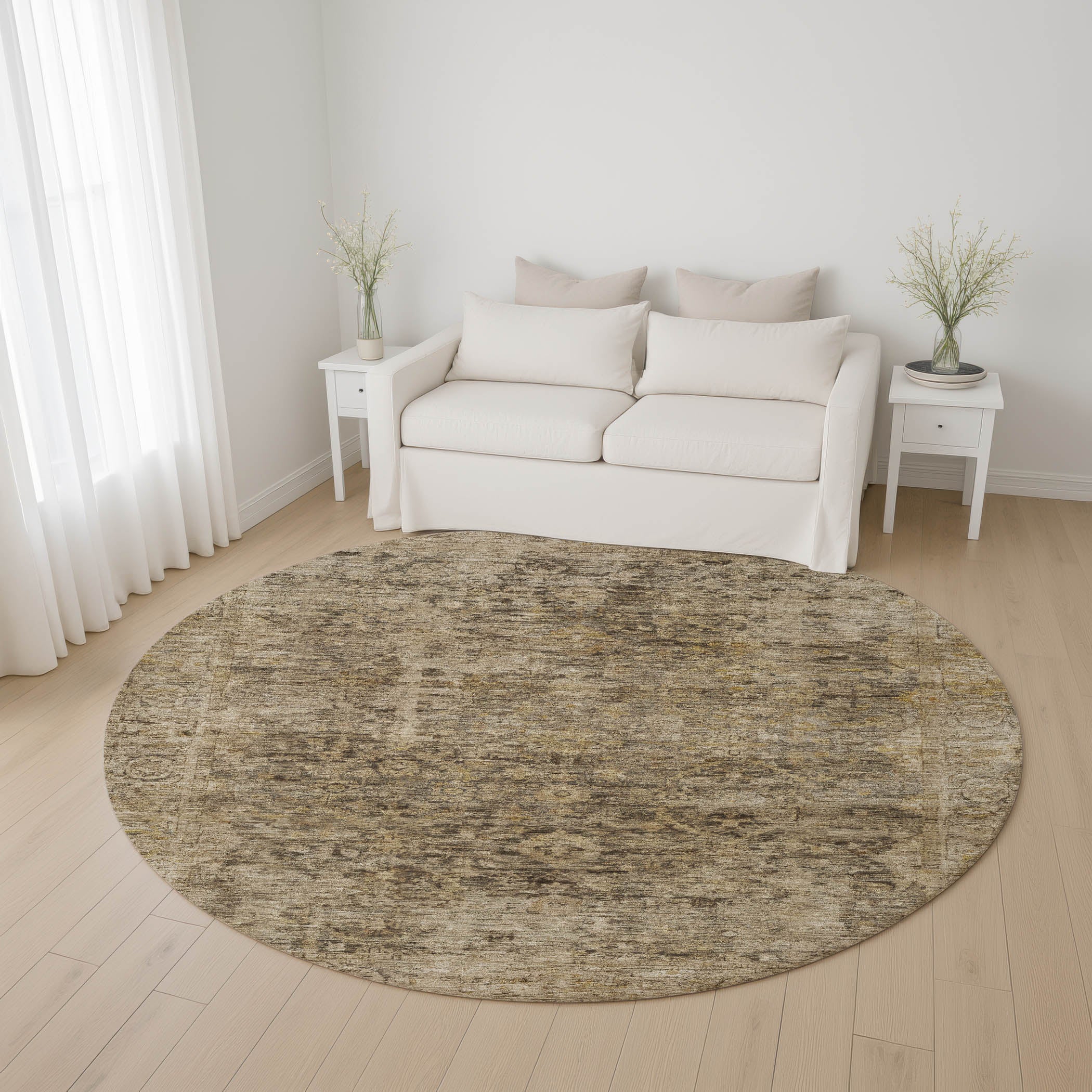 Bern Machine Washable Traditional Brown Rug 8' x 8' #shape_Round