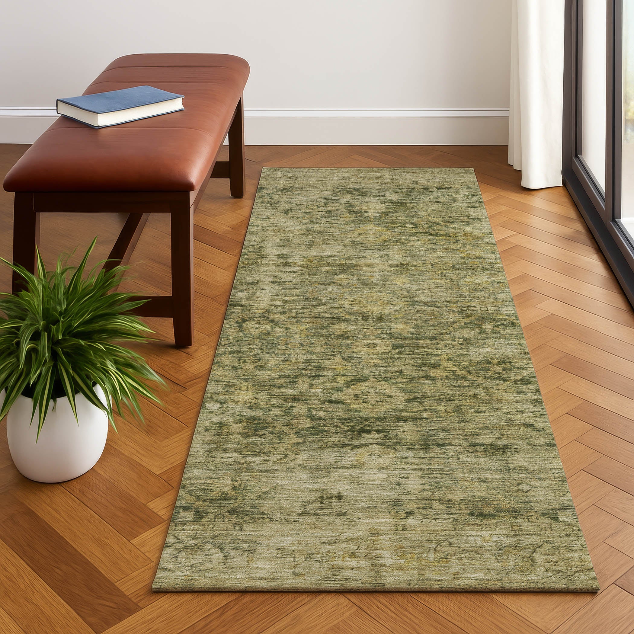 Bern Machine Washable Traditional Green Rug 2'3" x 7'6" #shape_Runner