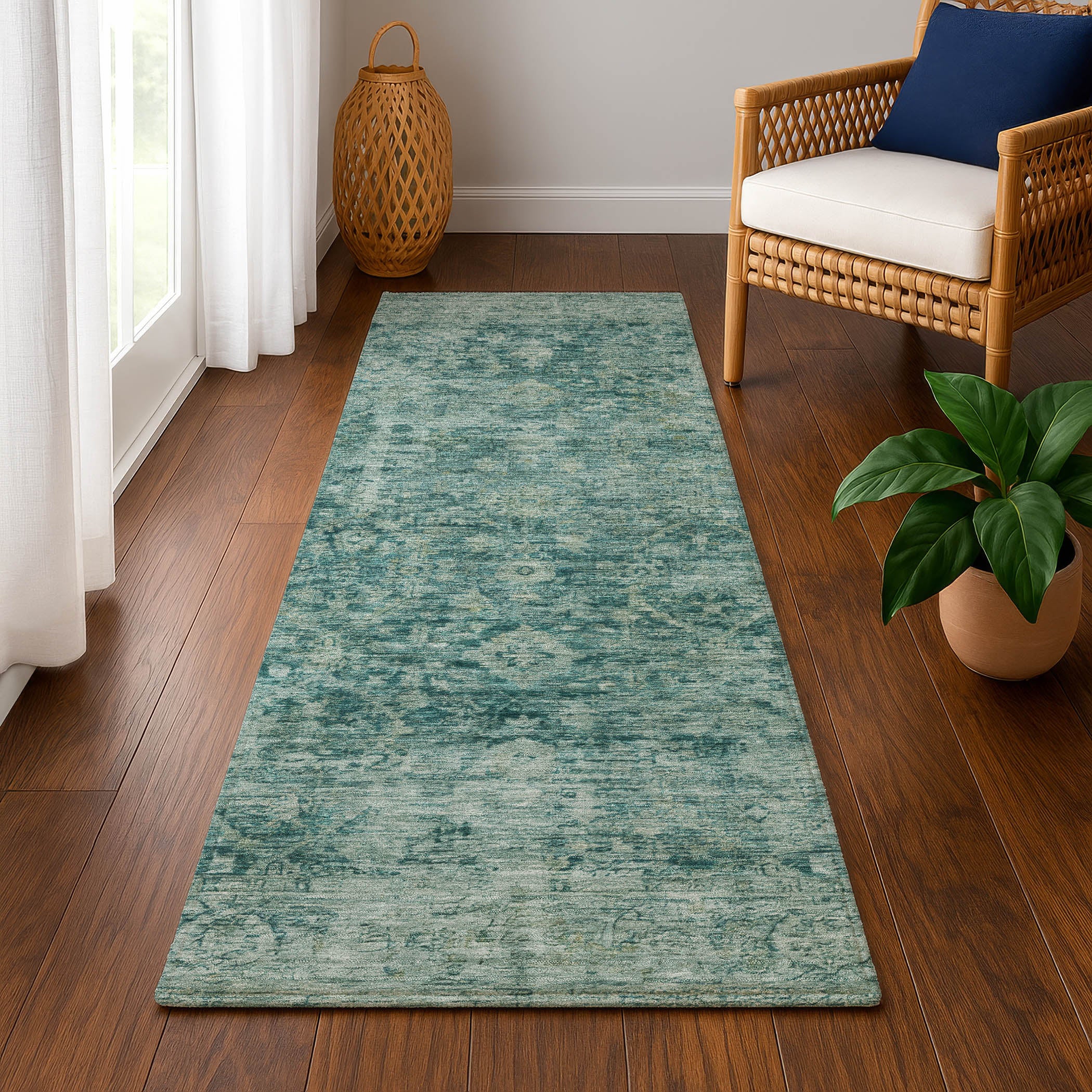 Bern Machine Washable Traditional Teal Rug 2'3" x 7'6" #shape_Runner