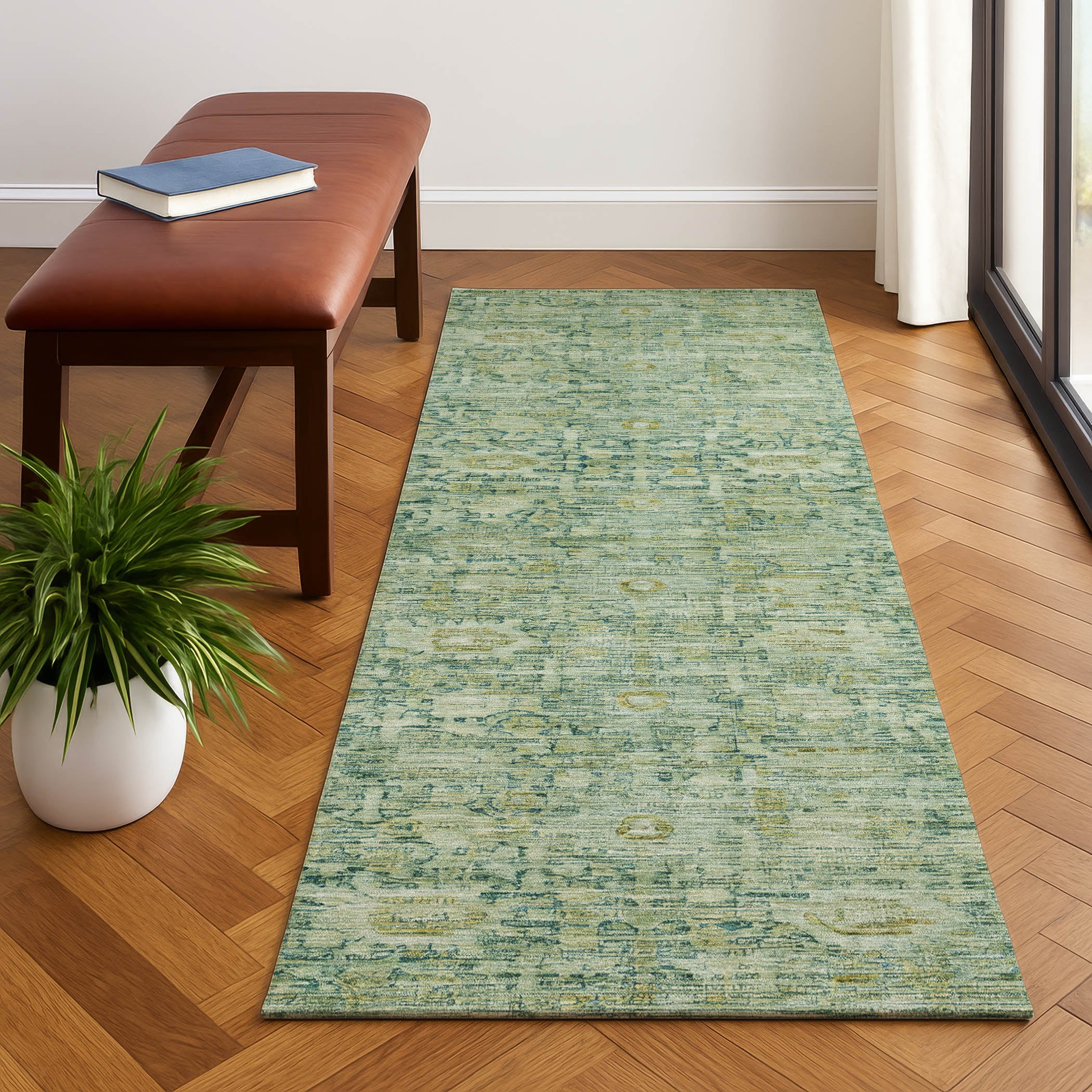 Siena Machine Washable Transitional Aloe Green Rug 2'3" x 7'6" #shape_Runner