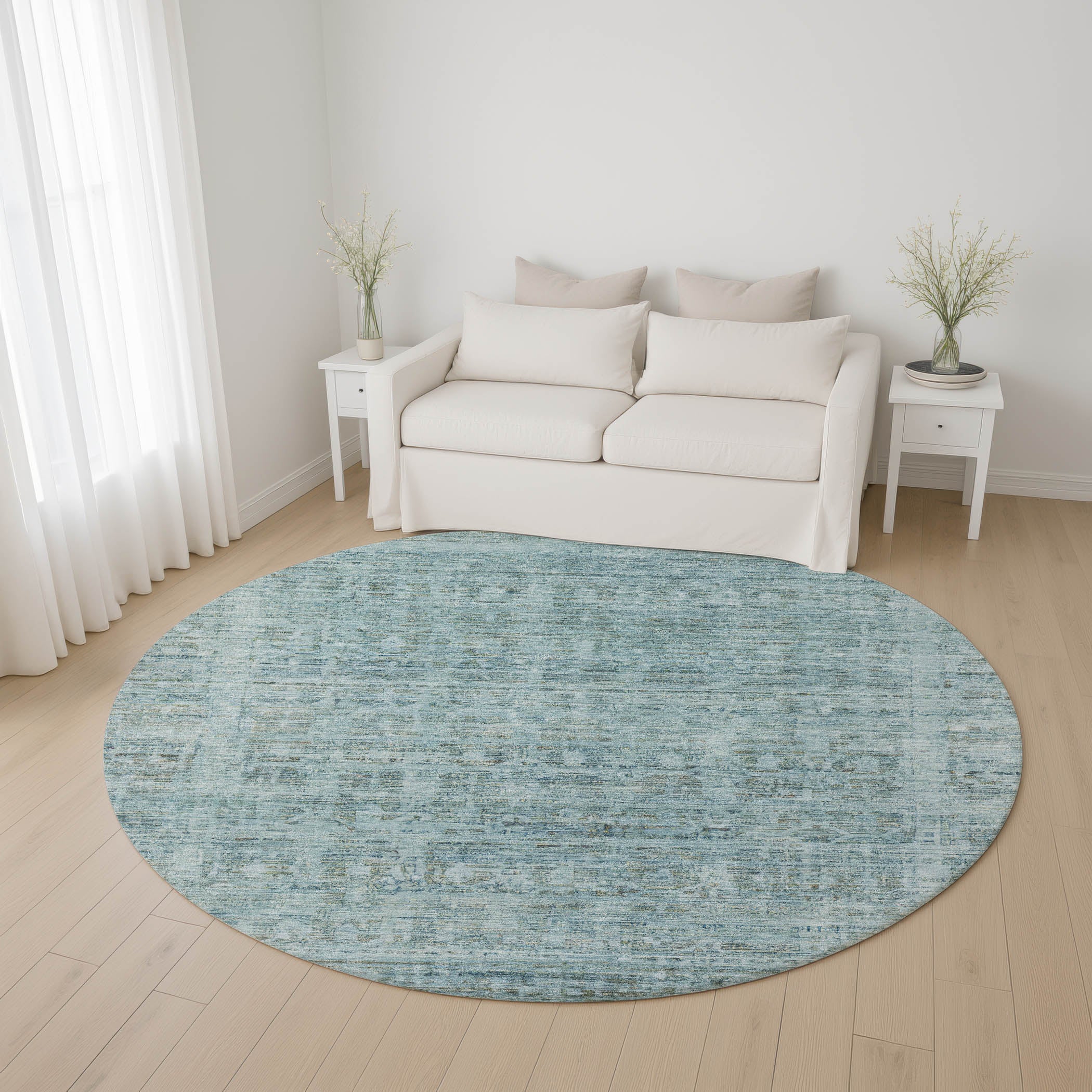 Luang Prabang Machine Washable Transitional Sky Blue Rug 8' x 8' #shape_Round