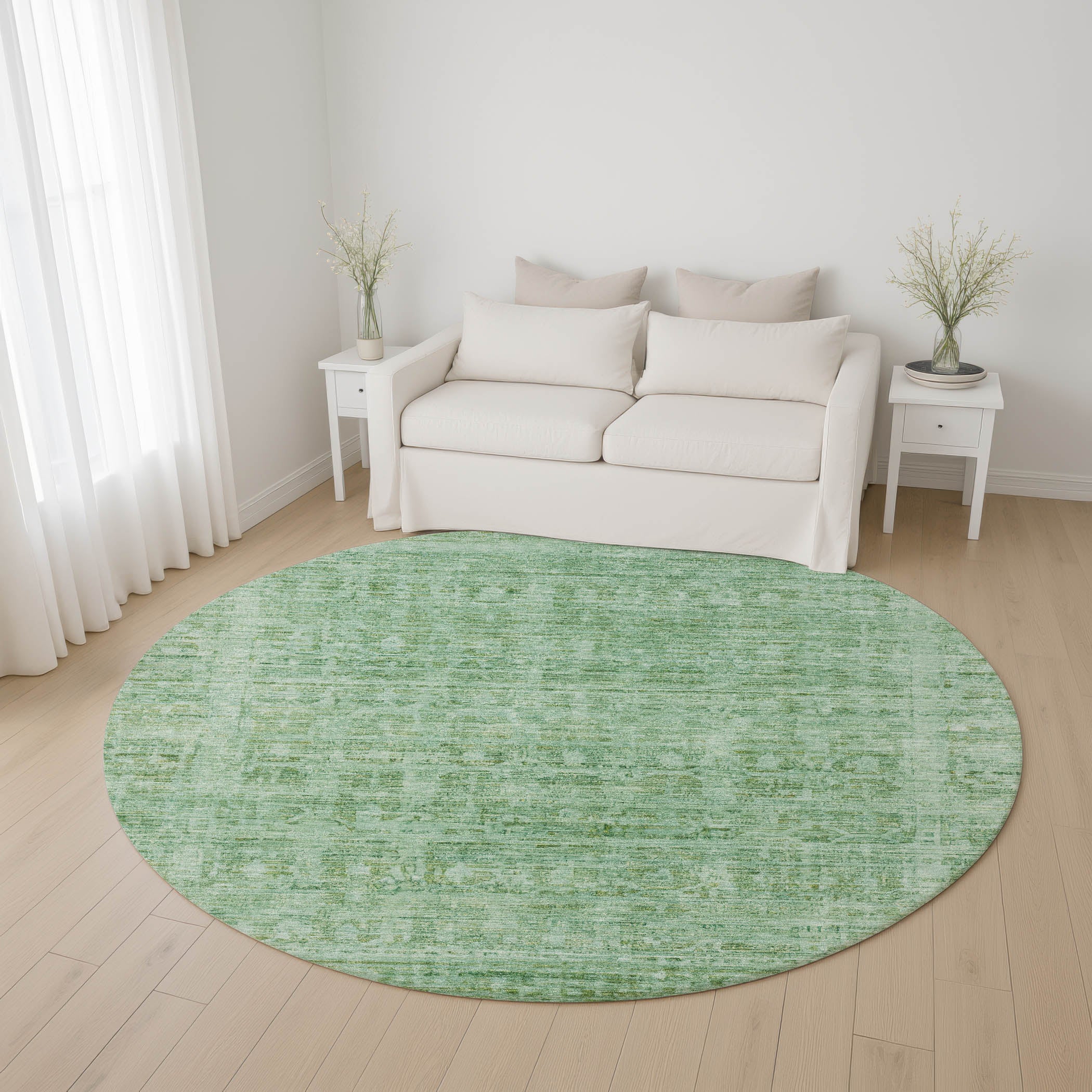 Luang Prabang Machine Washable Transitional Teal Rug 8' x 8' #shape_Round