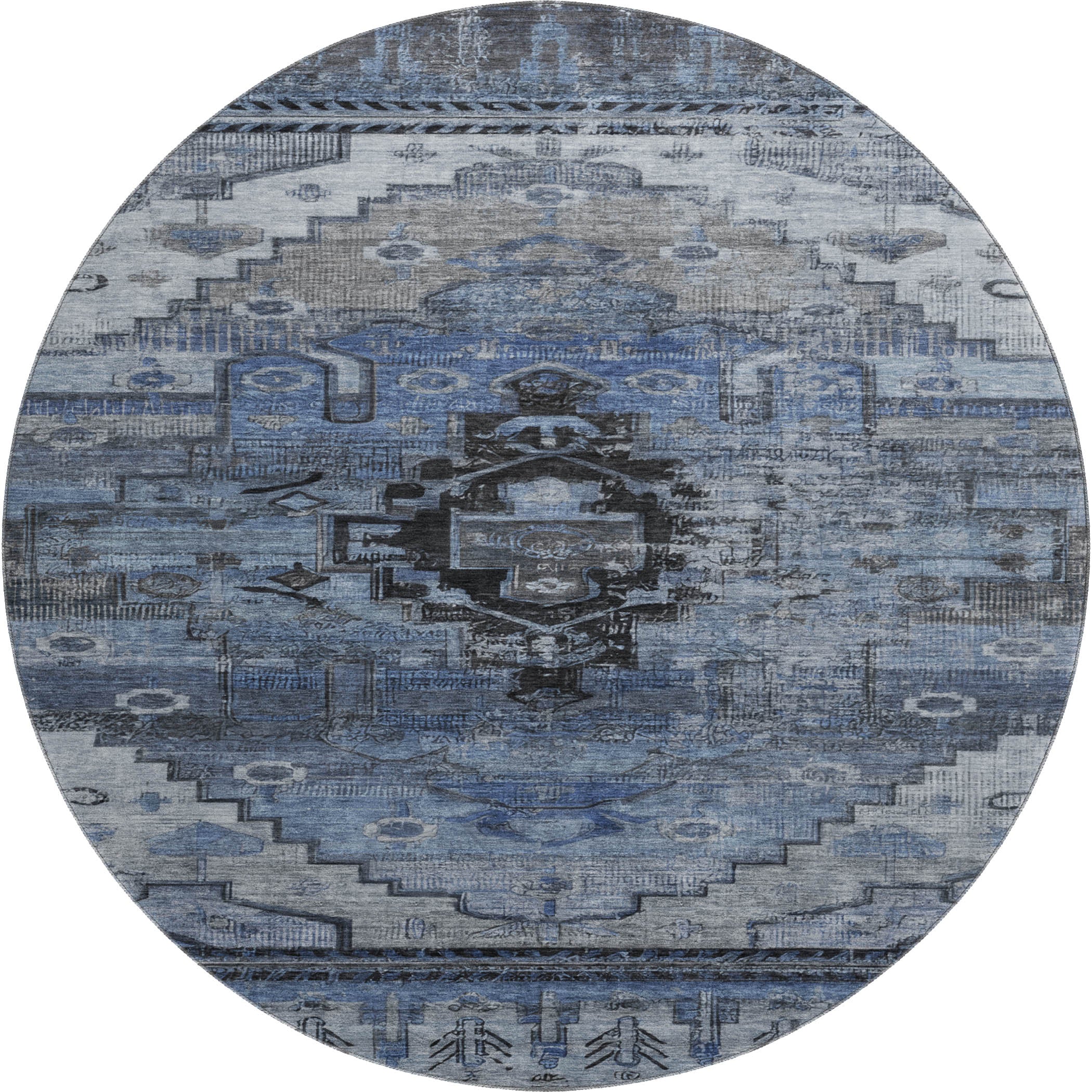 Rome Machine Washable Transitional Blue Rug 8' x 8' #shape_Round
