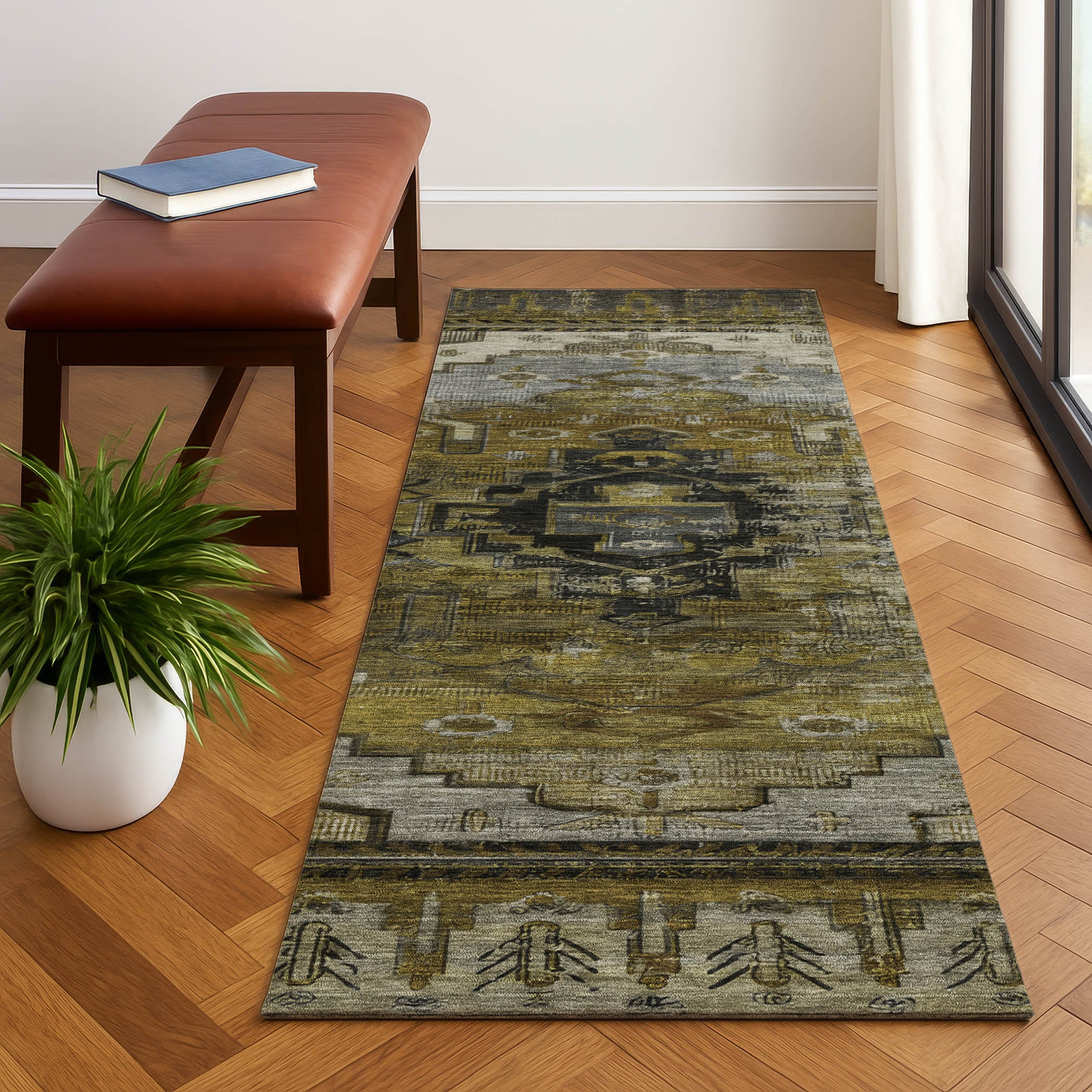 Rome Machine Washable Transitional Brown Rug 2'3" x 7'6" #shape_Runner
