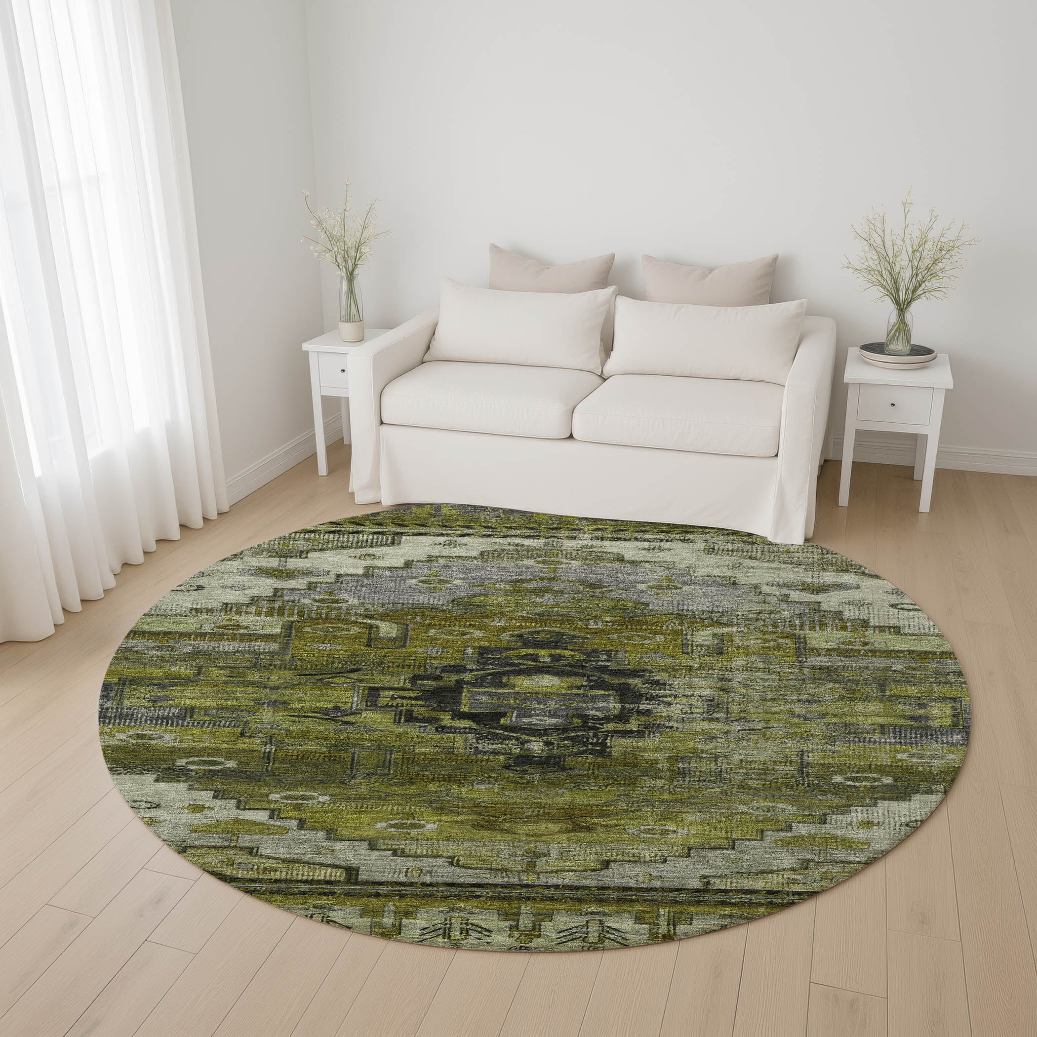 Rome Machine Washable Transitional Olive Green Rug 8' x 8' #shape_Round