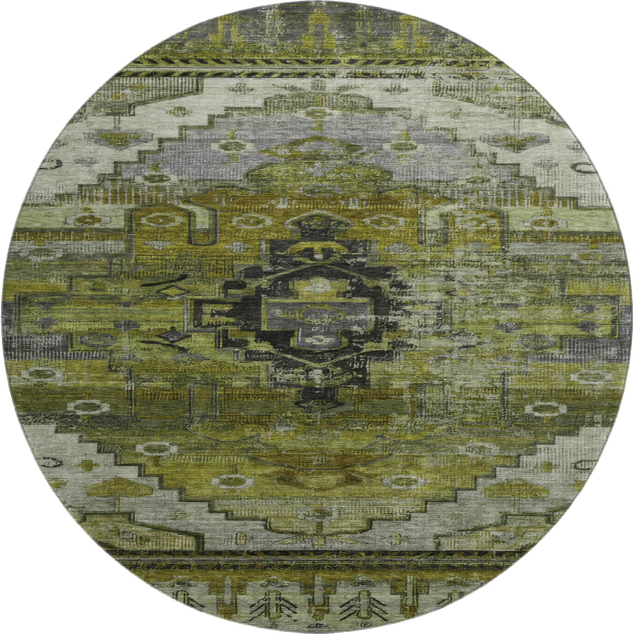 Rome Machine Washable Transitional Olive Green Rug 8' x 8' #shape_Round