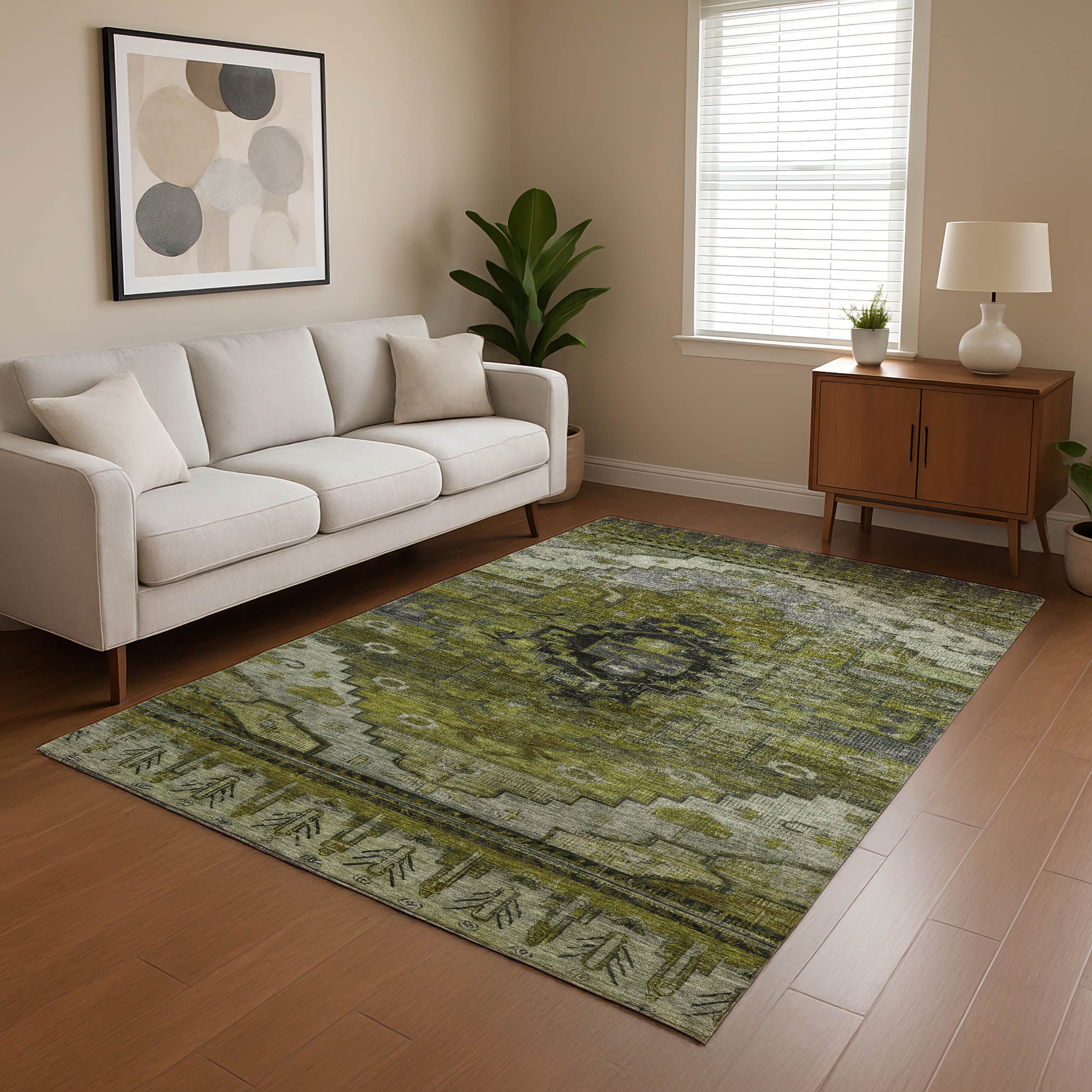 Rome Machine Washable Transitional Olive Green Rug 2'6" x 3'10" #shape_Rectangle