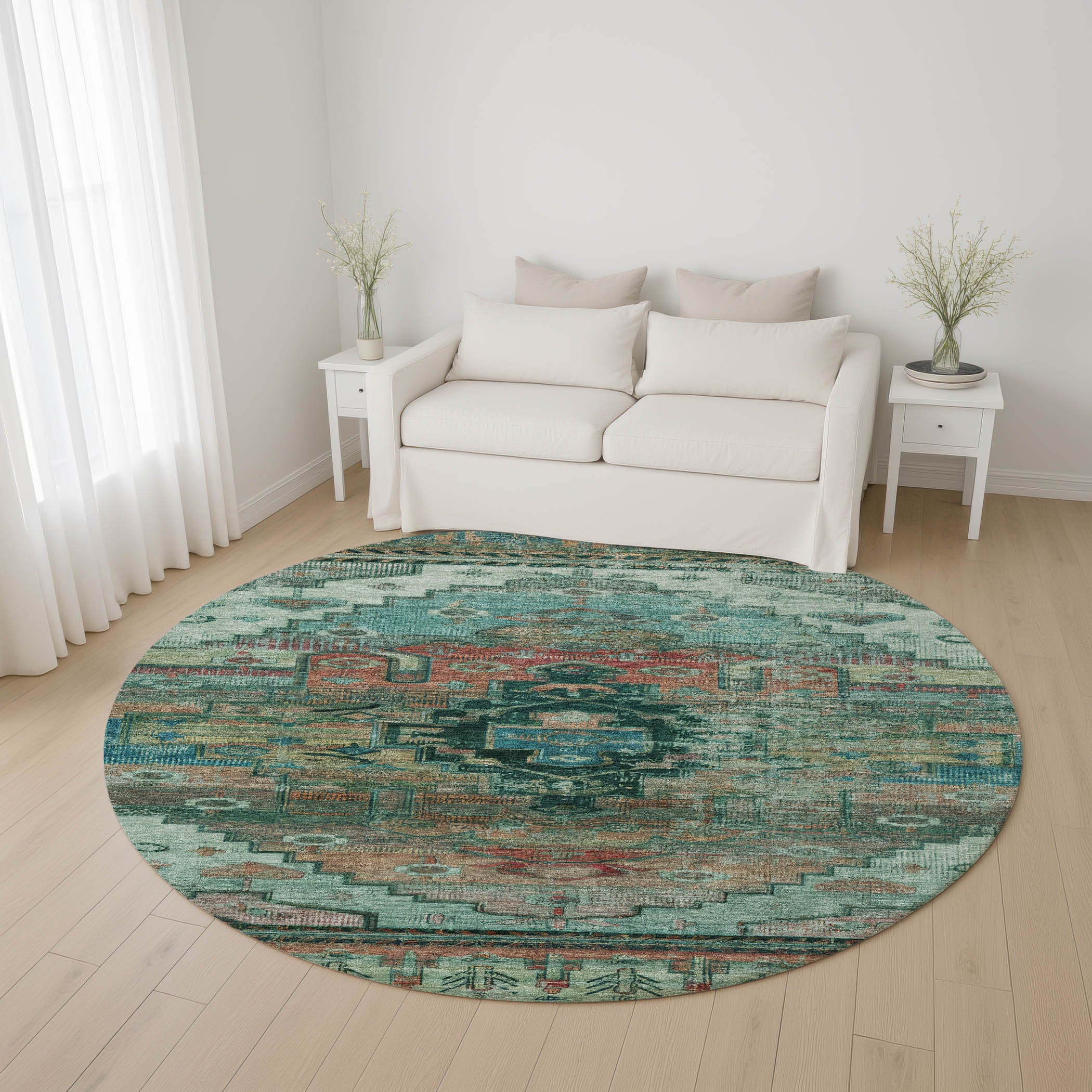 Rome Machine Washable Transitional Teal Rug 8' x 8' #shape_Round