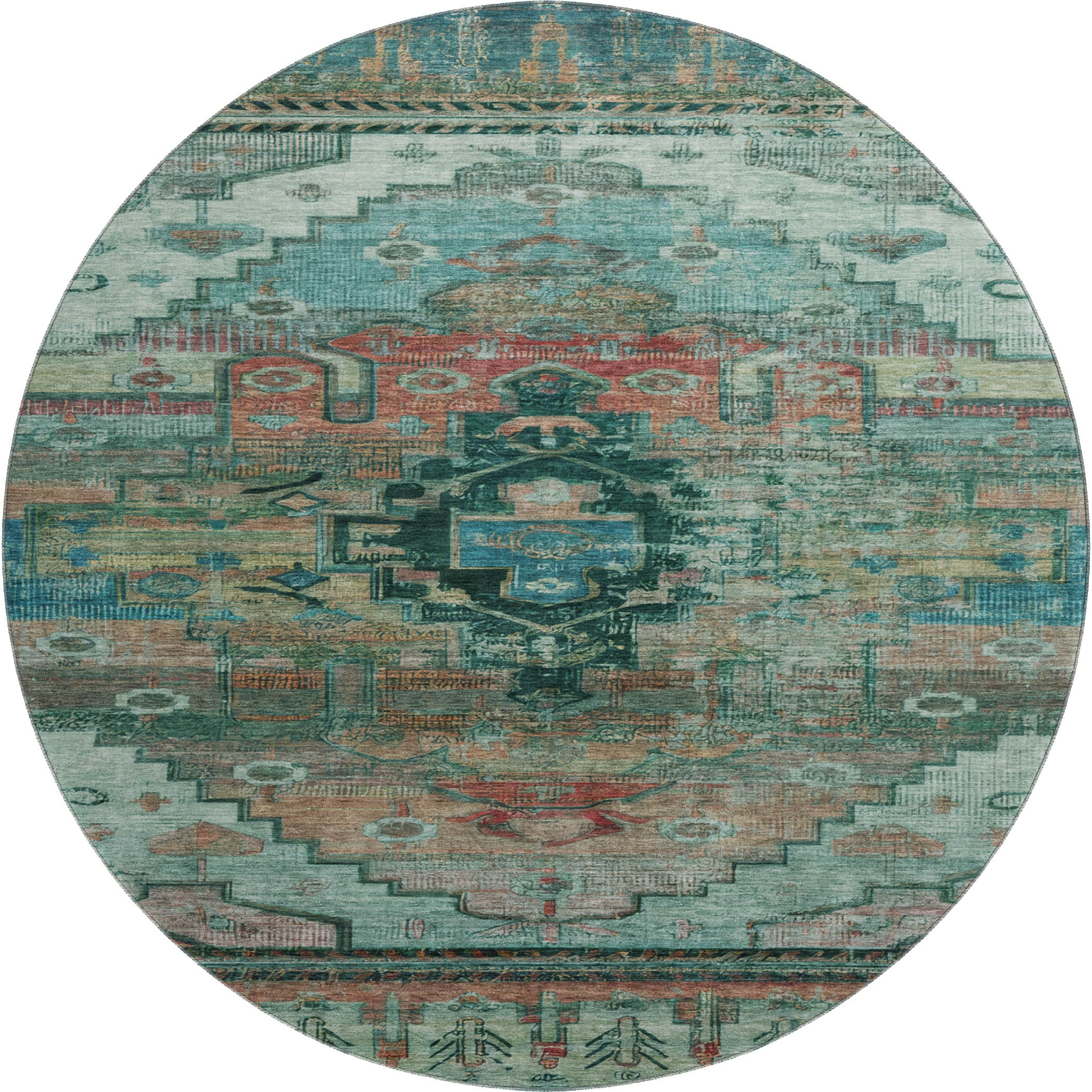 Rome Machine Washable Transitional Teal Rug 8' x 8' #shape_Round