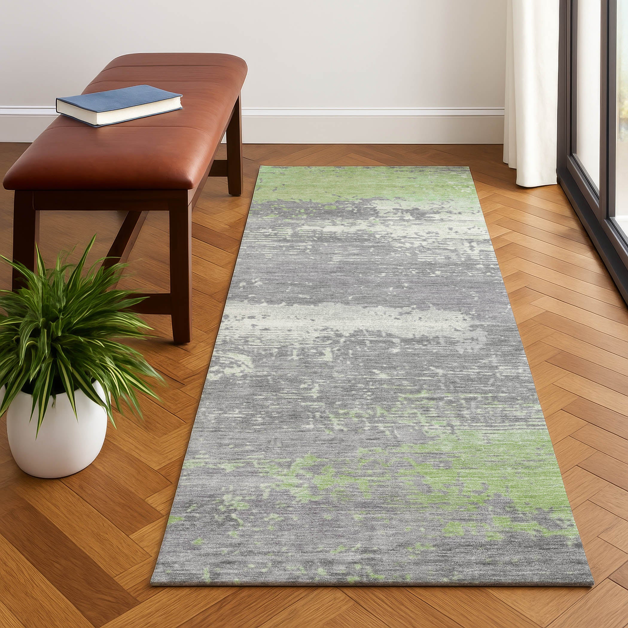 Porto Machine Washable Transitional Aloe Green Rug 2'3" x 7'6" #shape_Runner