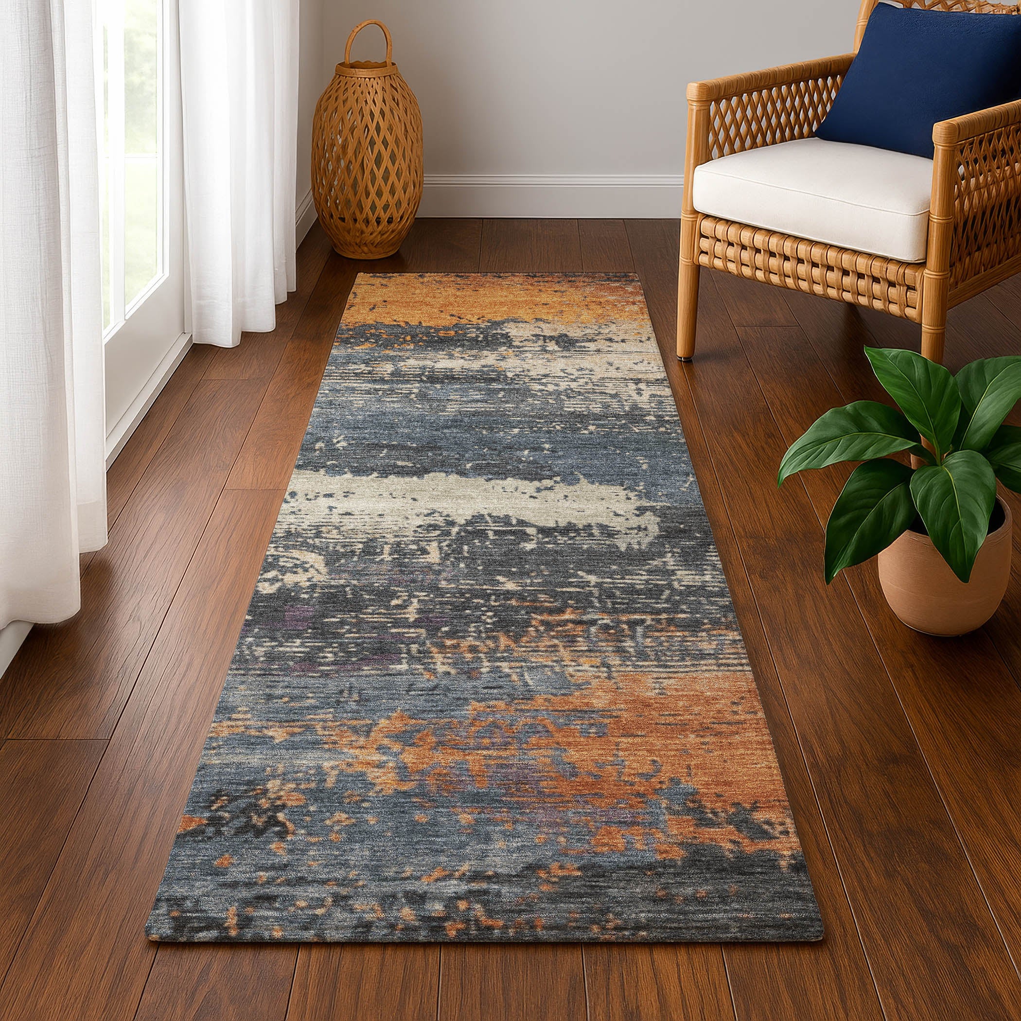 Porto Machine Washable Transitional Blue Rug 2'3" x 7'6" #shape_Runner
