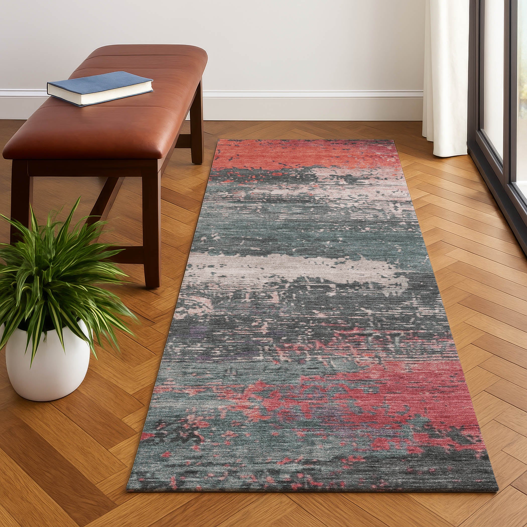Porto Machine Washable Transitional Coral Orange Rug 2'3" x 7'6" #shape_Runner
