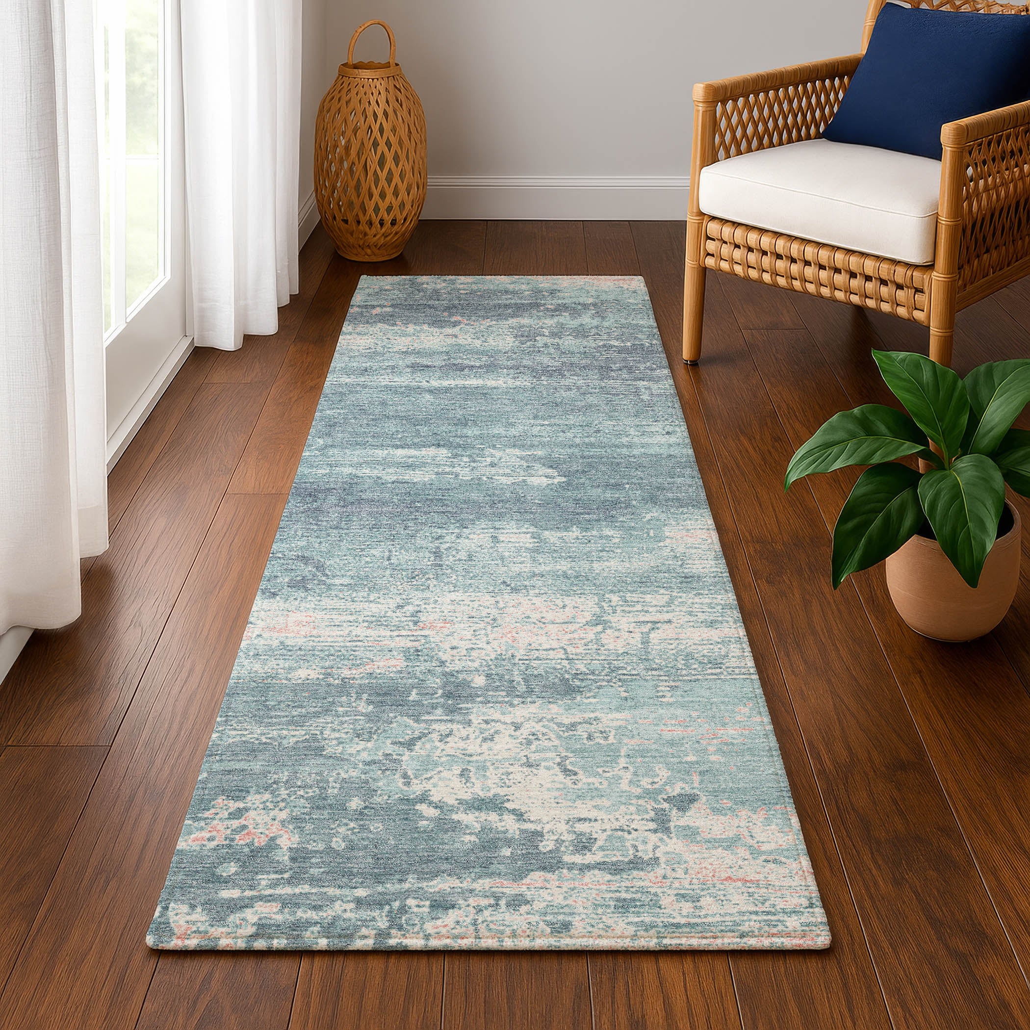 Mdina Machine Washable Transitional Teal Rug 2'3" x 7'6" #shape_Runner