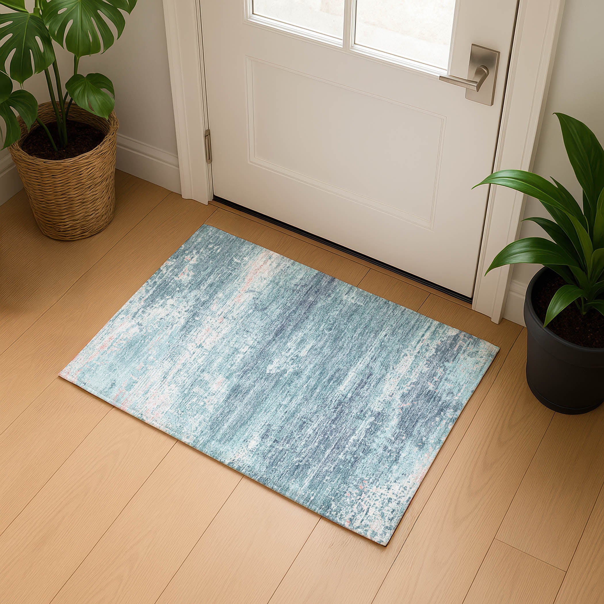 Mdina Machine Washable Transitional Teal Rug 1'8" x 2'6" #shape_Rectangle