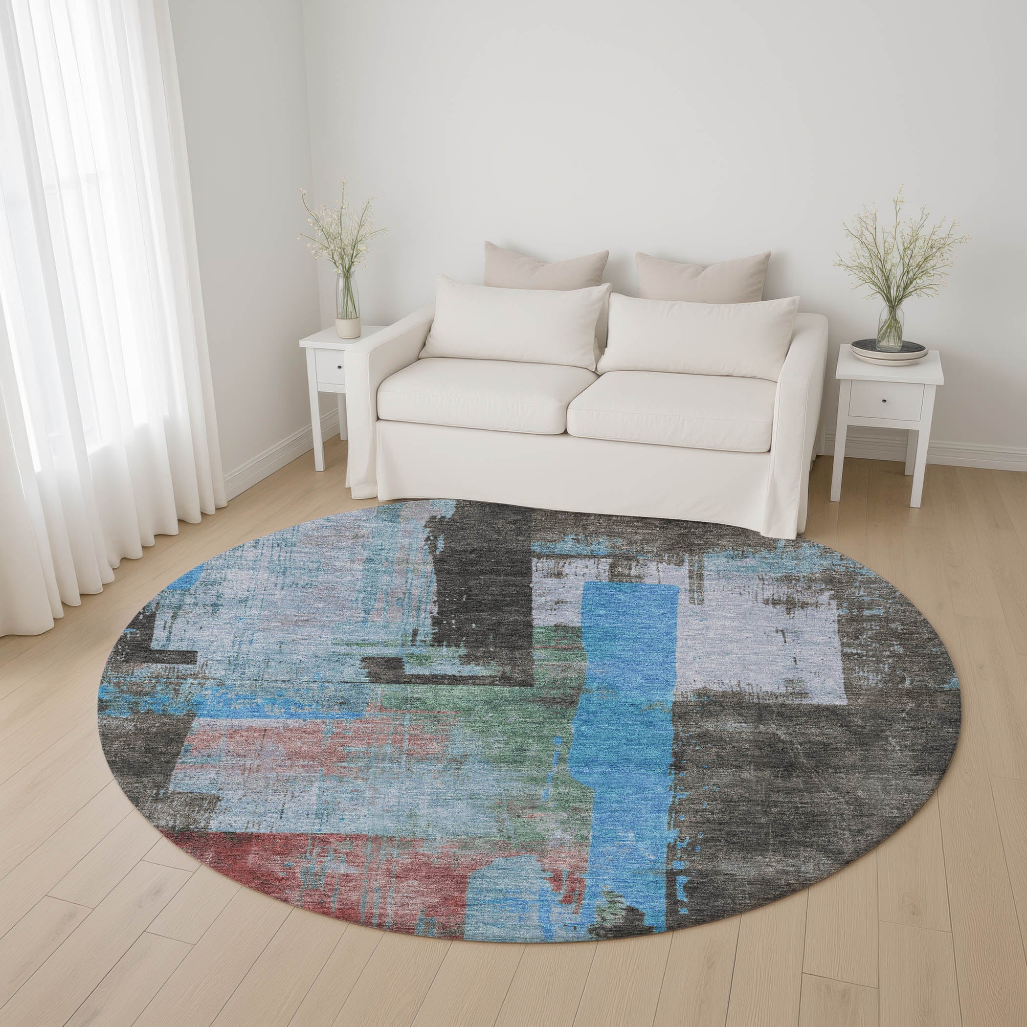 Bruges Machine Washable Transitional Sky Blue Rug 8' x 8' #shape_Round