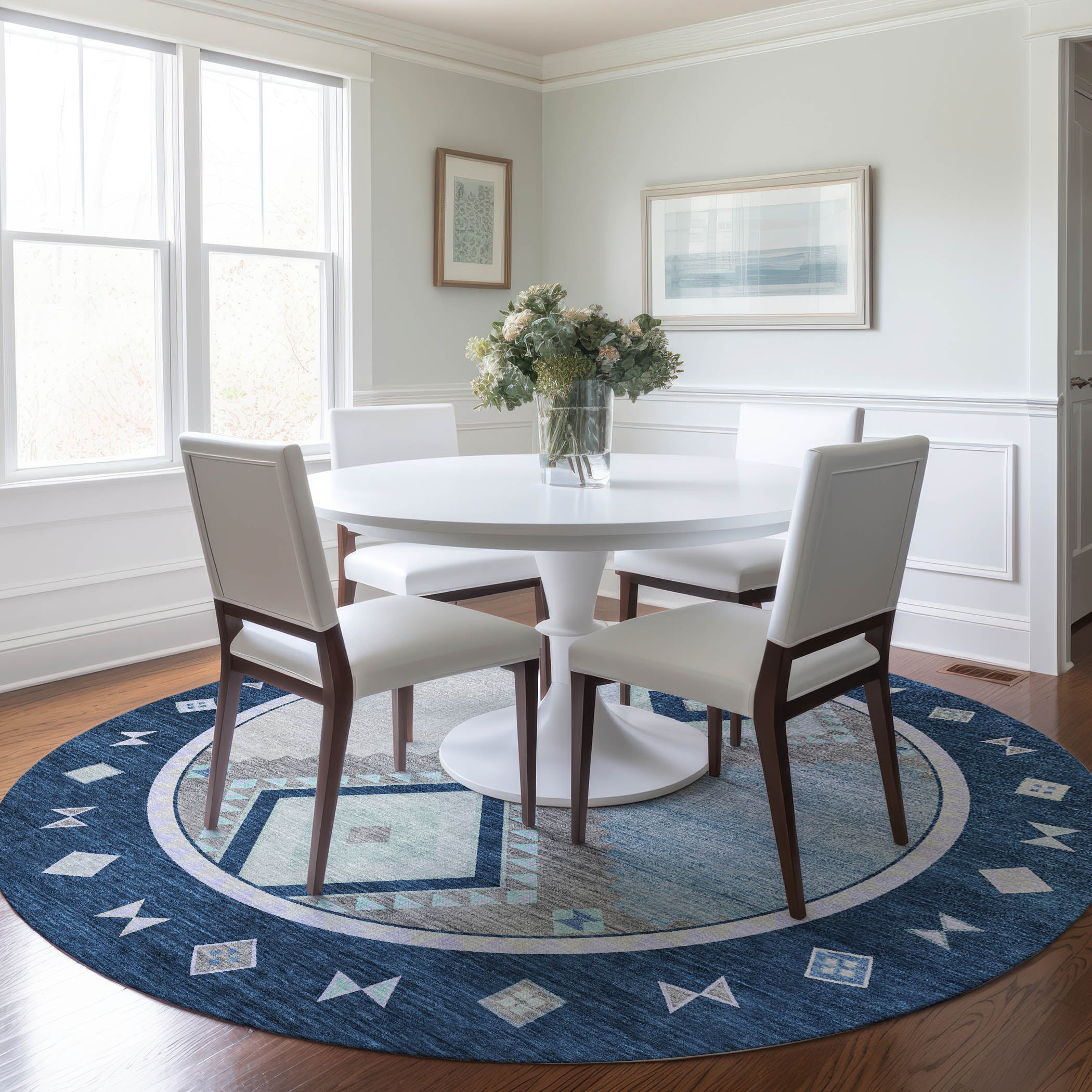 Vienna Machine Washable Southwest Blue Rug 8' x 8' #shape_Round