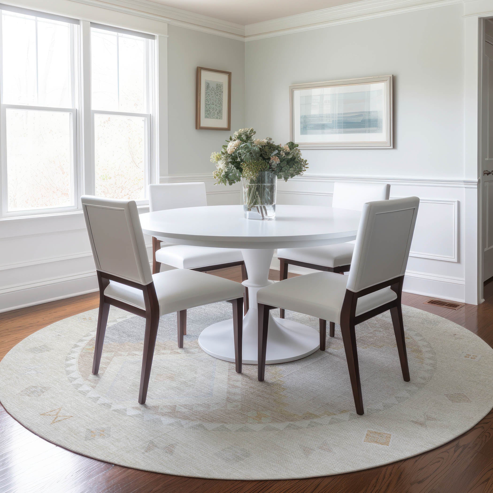 Vienna Machine Washable Southwest Gray Ivory Rug 8' x 8' #shape_Round