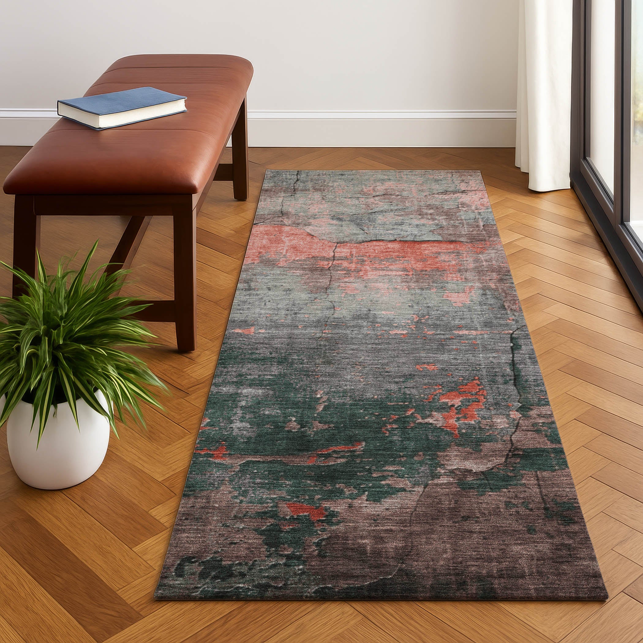 Kathmandu Machine Washable Transitional Coral Orange Rug 2'3" x 7'6" #shape_Runner