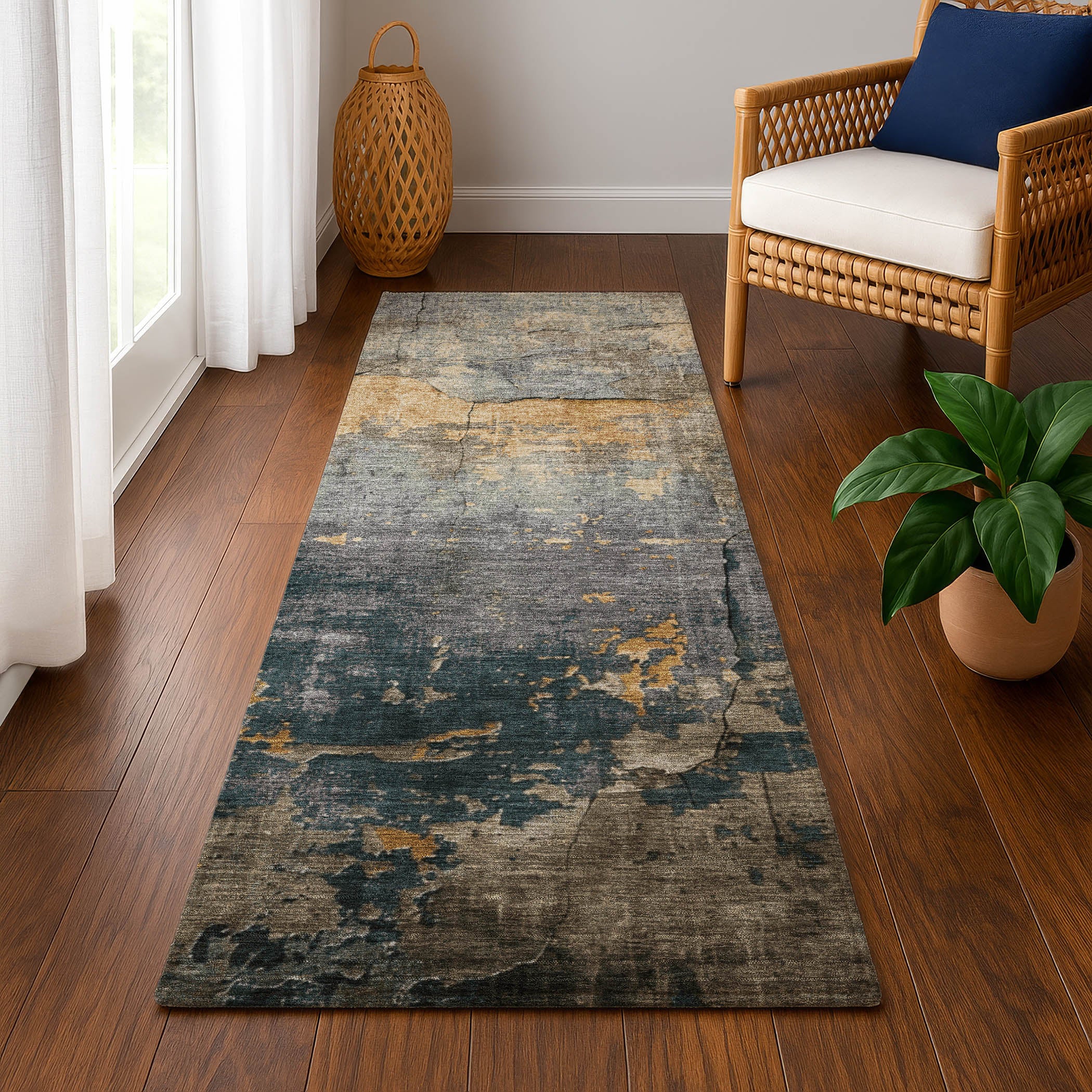 Kathmandu Machine Washable Transitional Gray Rug 2'3" x 7'6" #shape_Runner
