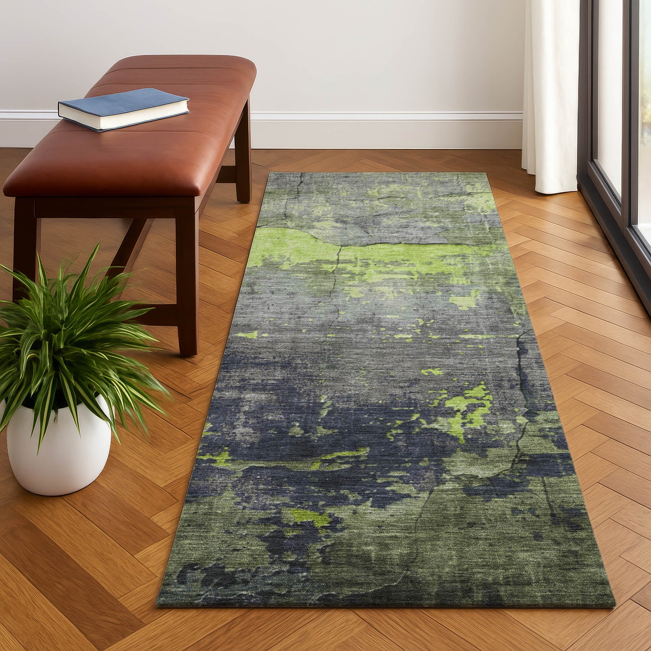Kathmandu Machine Washable Transitional Lime Green Rug 2'3" x 7'6" #shape_Runner