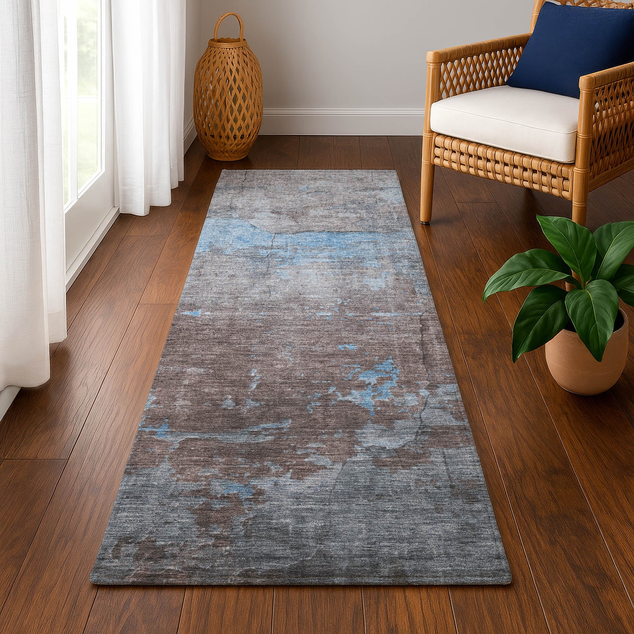Kathmandu Machine Washable Transitional Sky Blue Rug 2'3" x 7'6" #shape_Runner