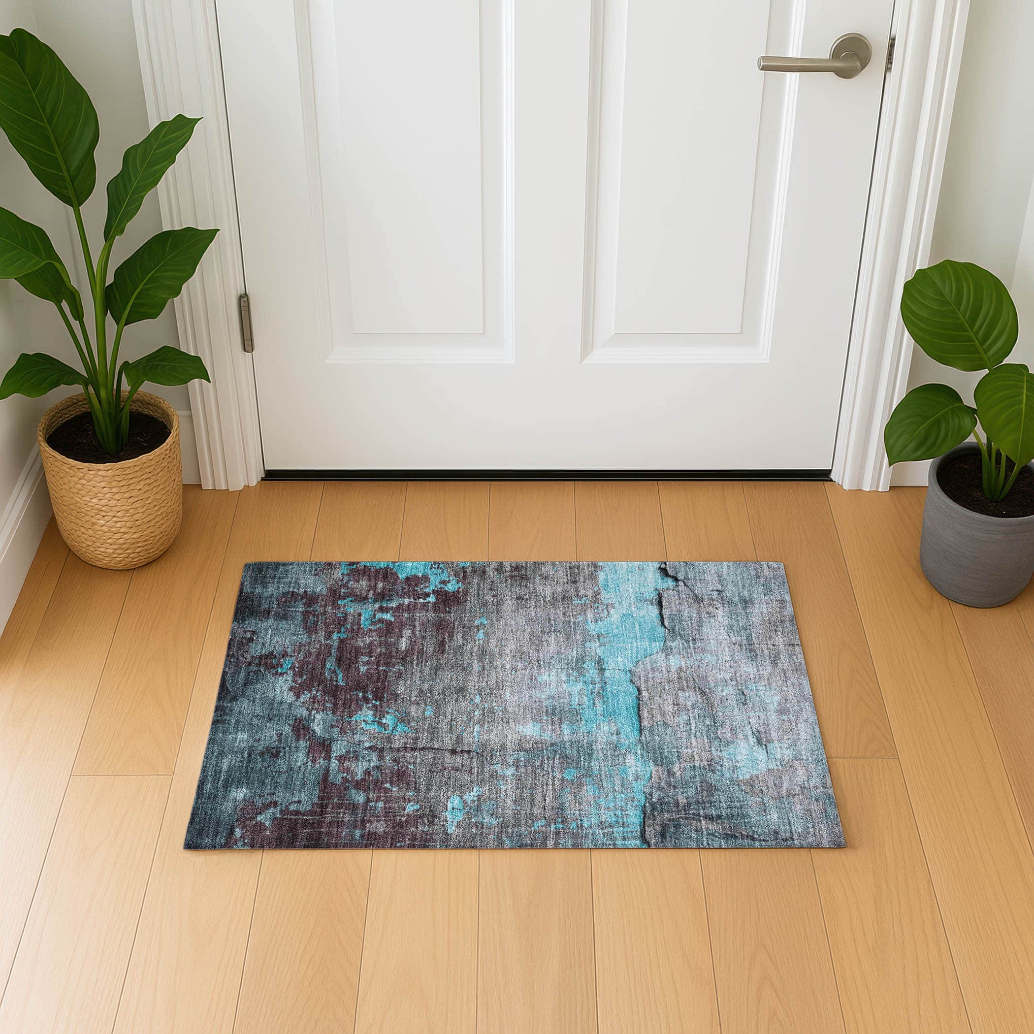 Kathmandu Machine Washable Transitional Teal Rug 1'8" x 2'6" #shape_Rectangle