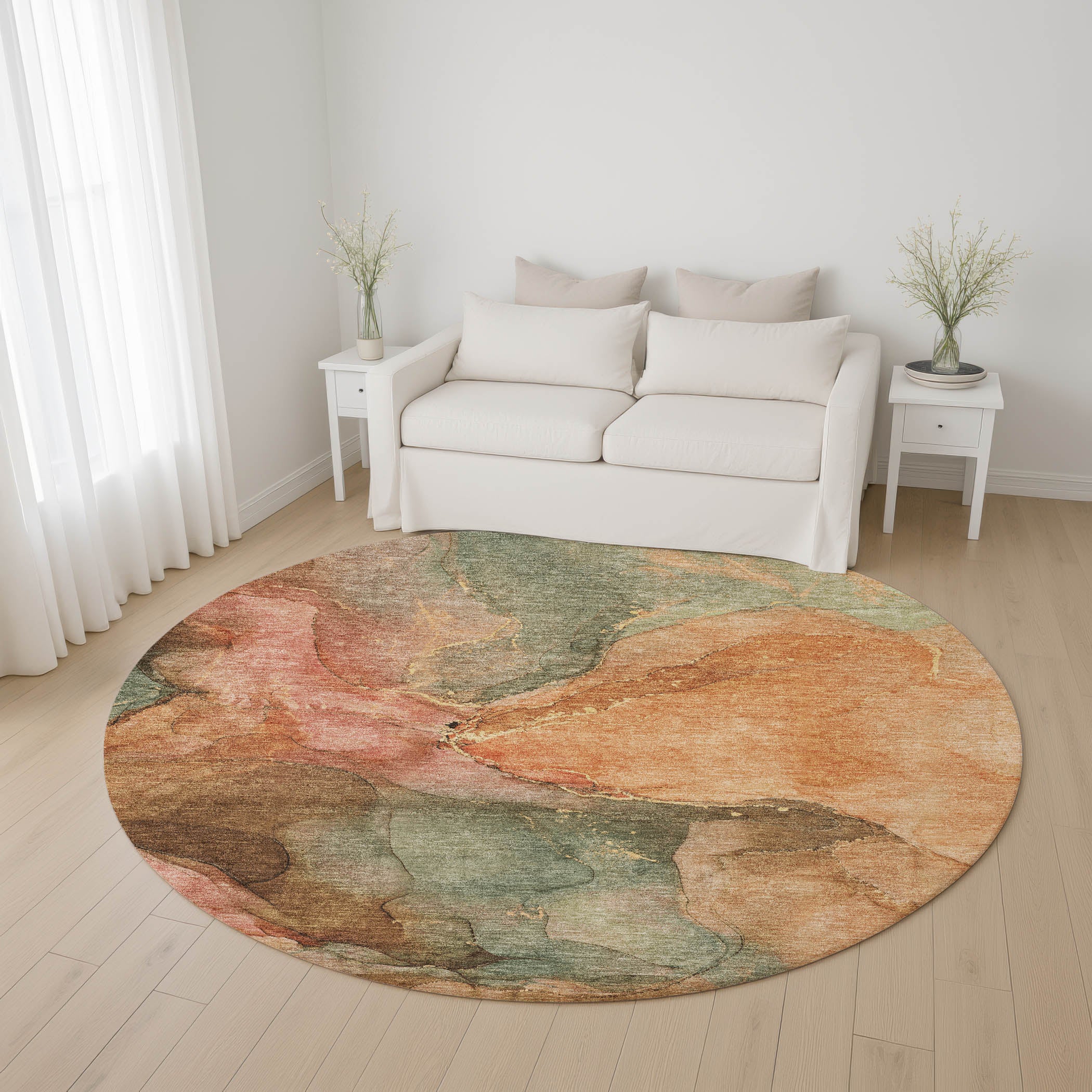 Antigua Machine Washable Transitional Coral Orange Rug 8' x 8' #shape_Round