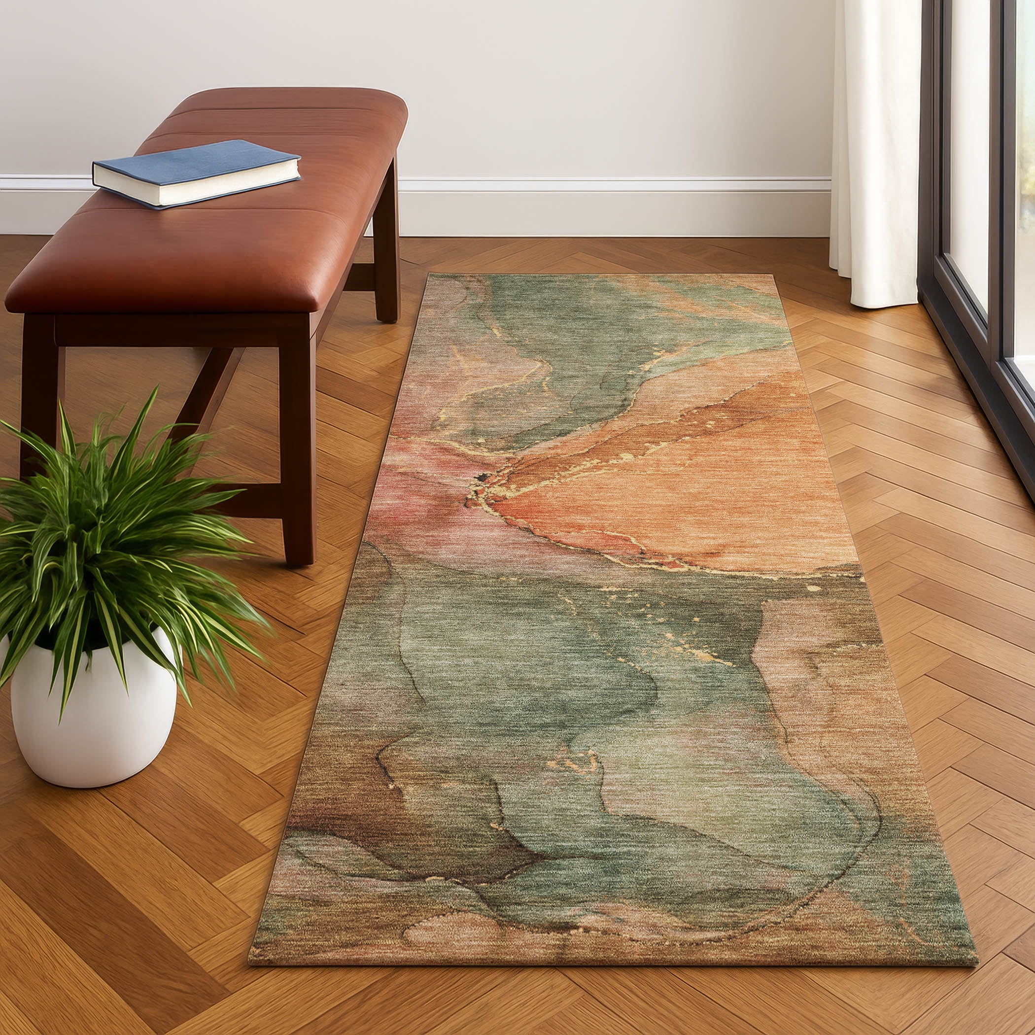 Antigua Machine Washable Transitional Coral Orange Rug 2'3" x 7'6" #shape_Runner