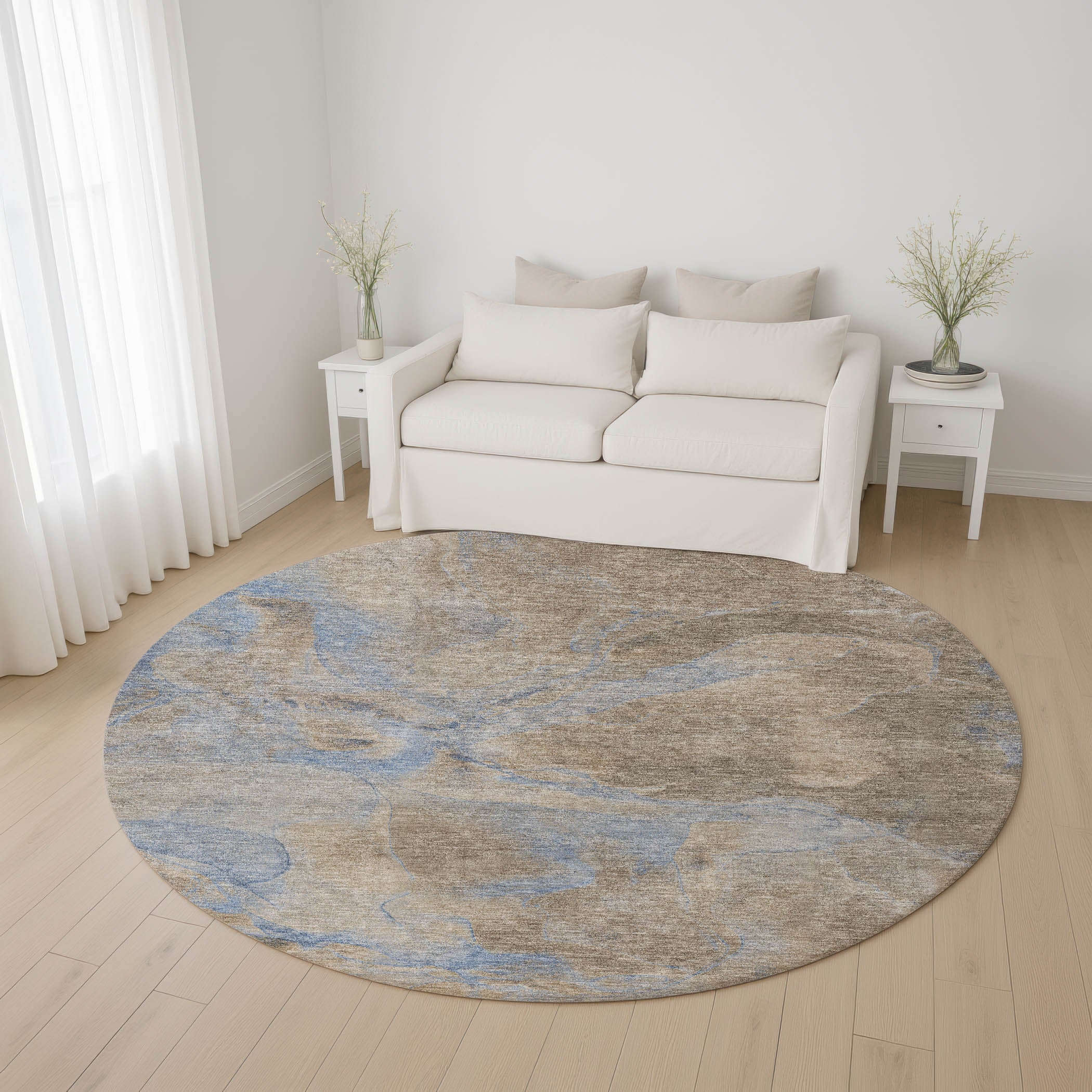 Antigua Machine Washable Transitional Taupe Brown Rug 8' x 8' #shape_Round
