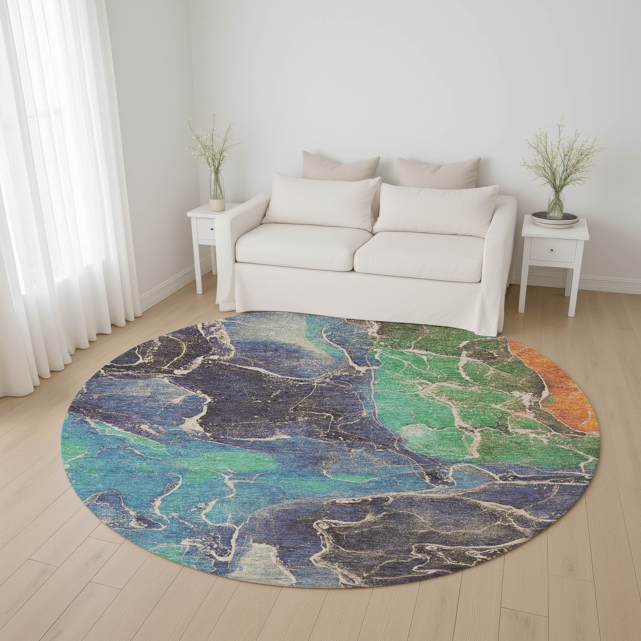 Colombo Machine Washable Transitional Blue Rug 8' x 8' #shape_Round
