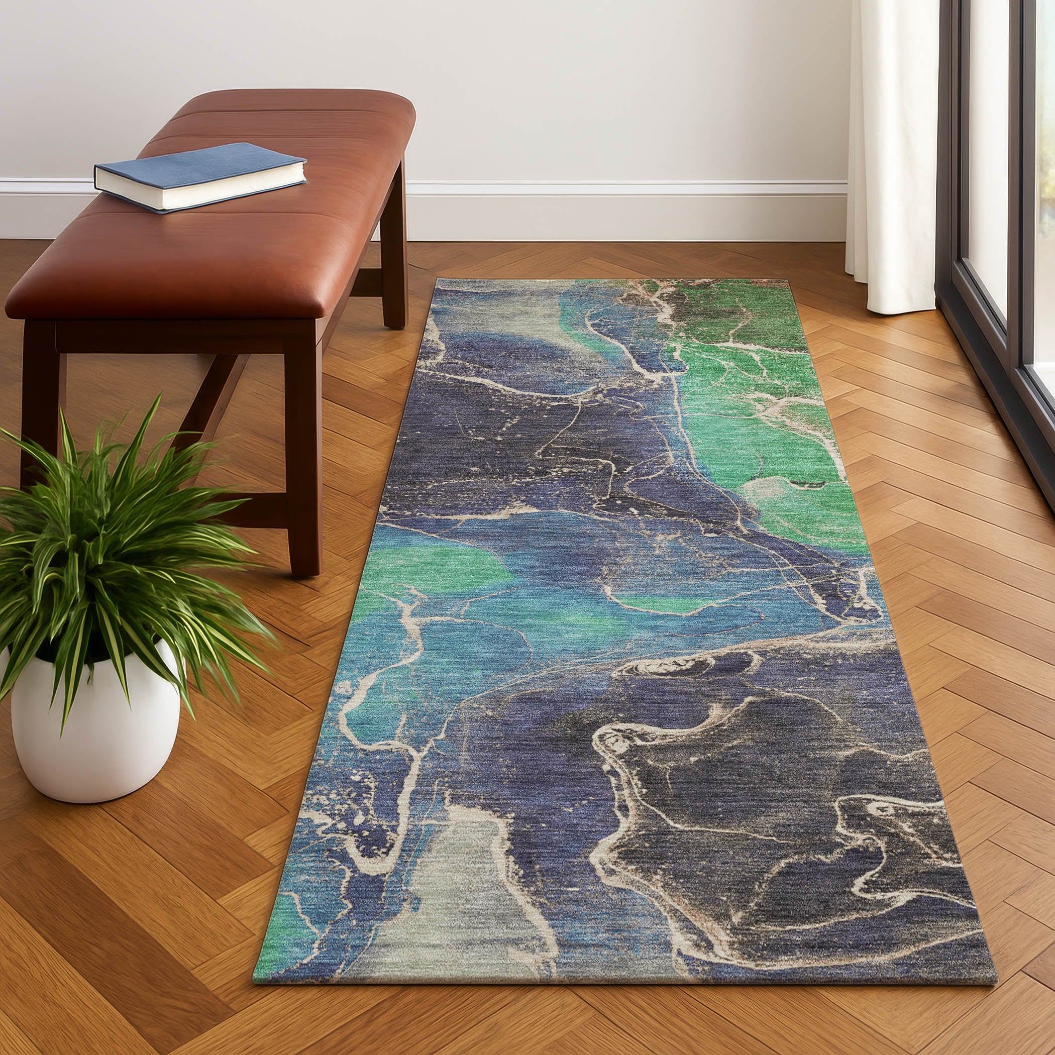 Colombo Machine Washable Transitional Blue Rug 2'3" x 7'6" #shape_Runner