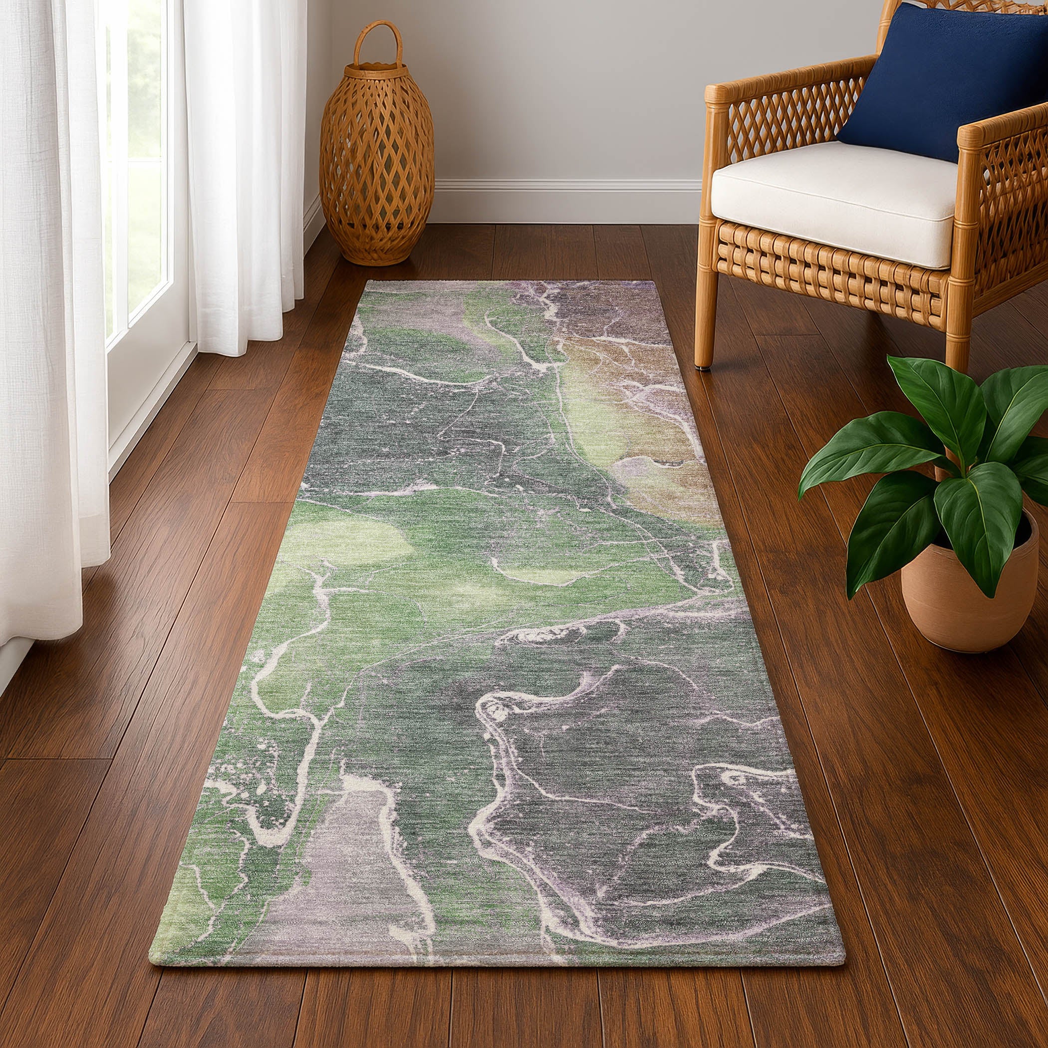 Colombo Machine Washable Transitional Green Rug 2'3" x 7'6" #shape_Runner