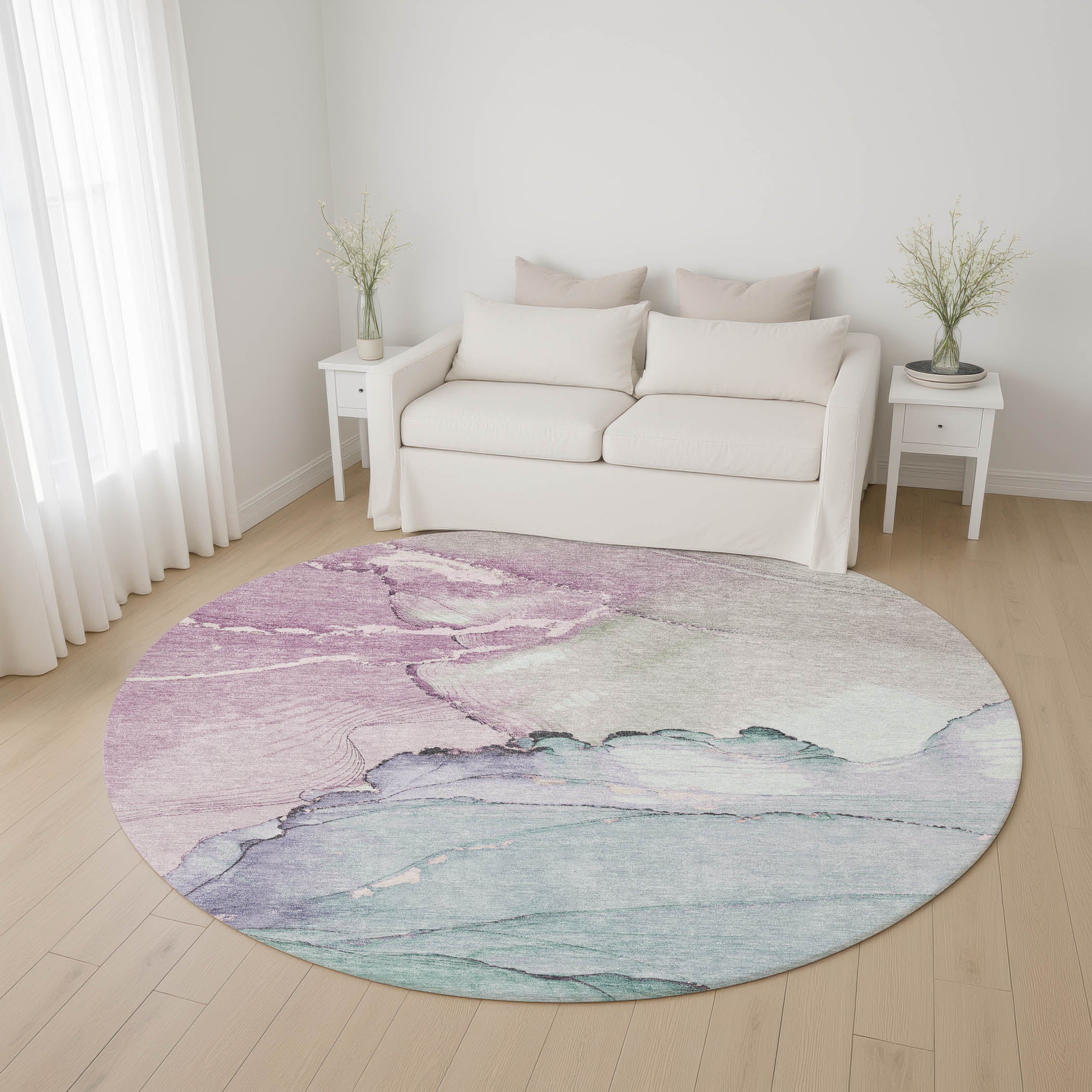 Bruges Machine Washable Transitional Seafoam Blue Rug 8' x 8' #shape_Round