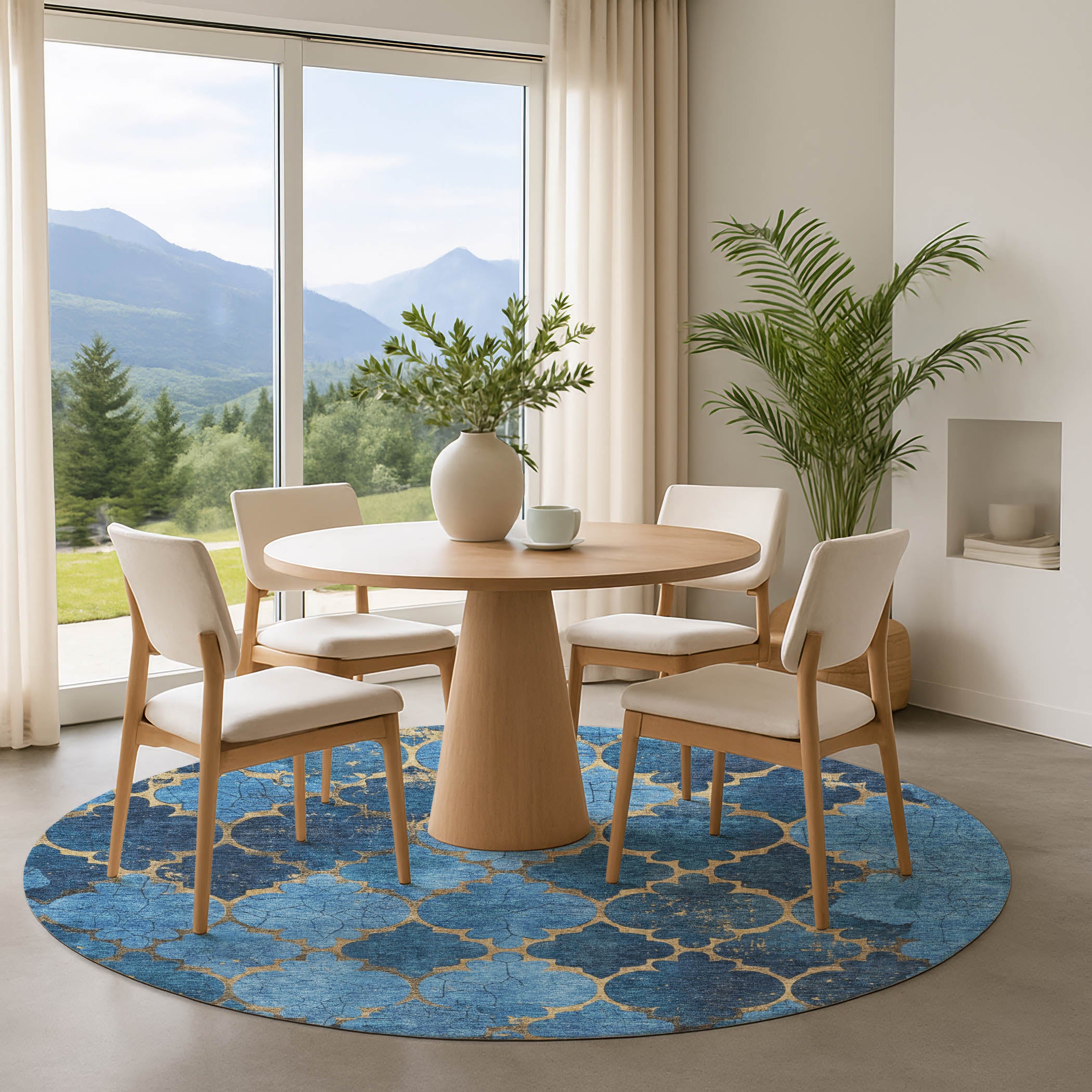 Florence Machine Washable Transitional Blue Rug 8' x 8' #shape_Round