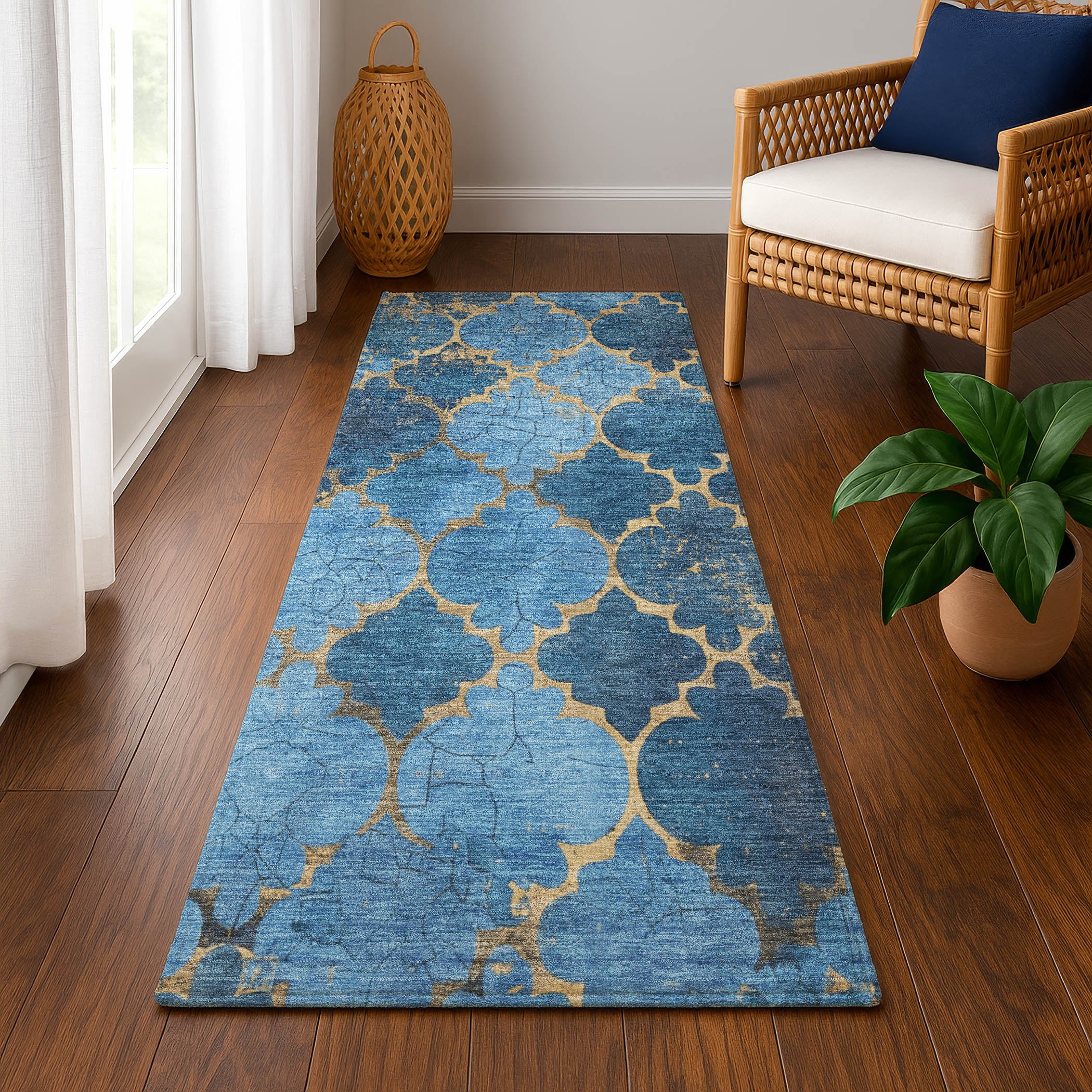 Florence Machine Washable Transitional Blue Rug 2'3" x 7'6" #shape_Runner