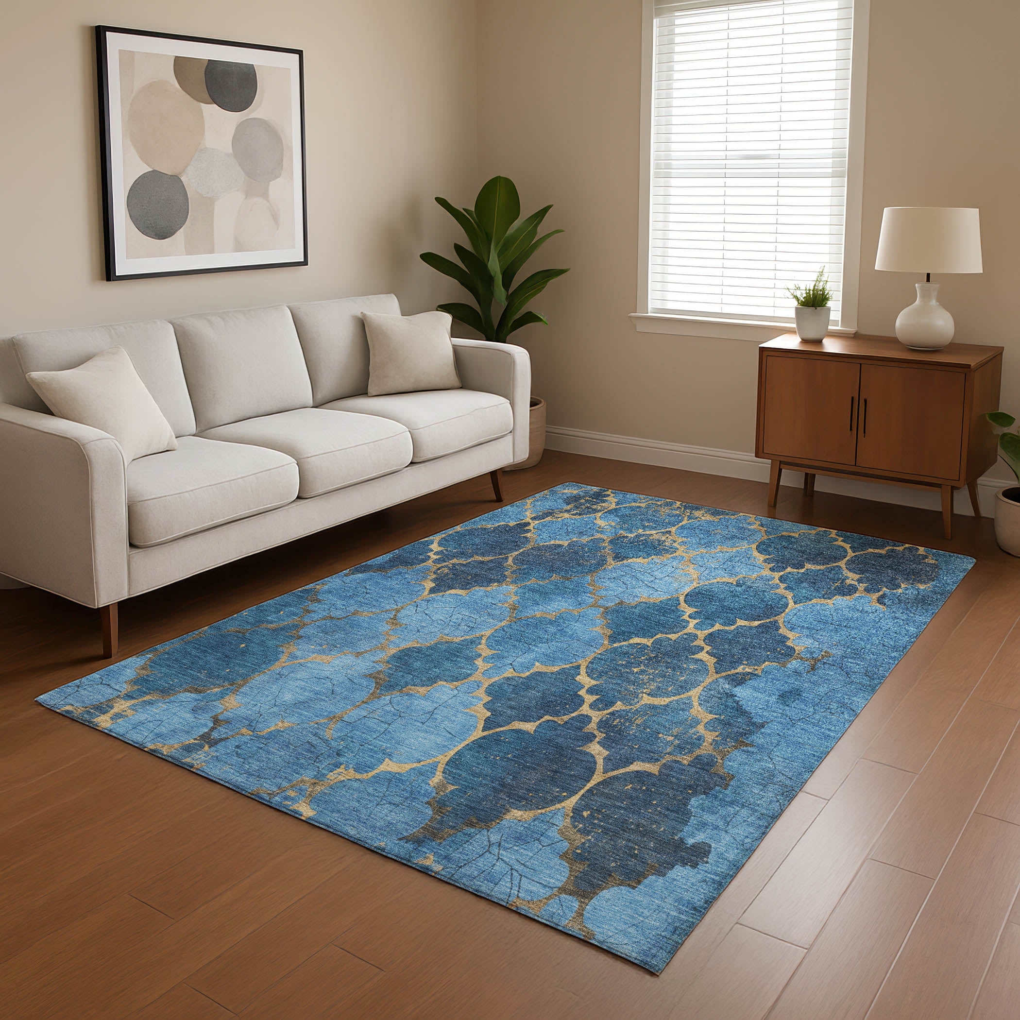 Florence Machine Washable Transitional Blue Rug 2'6" x 3'10" #shape_Rectangle