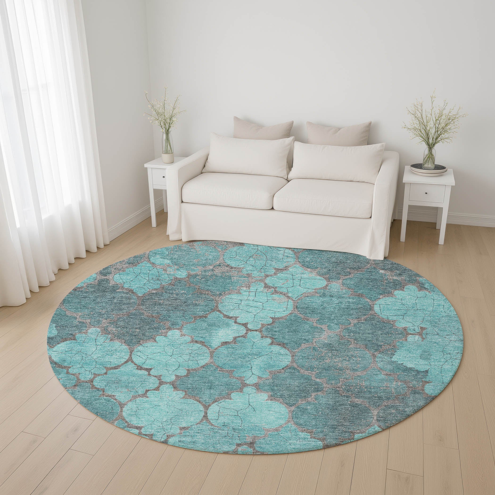 Florence Machine Washable Transitional Teal Rug 8' x 8' #shape_Round