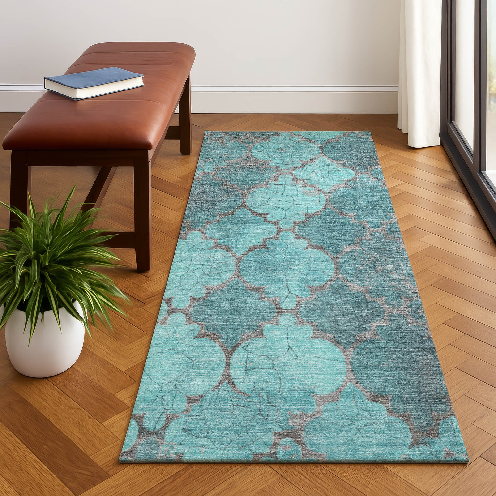 Florence Machine Washable Transitional Teal Rug 2'3" x 7'6" #shape_Runner
