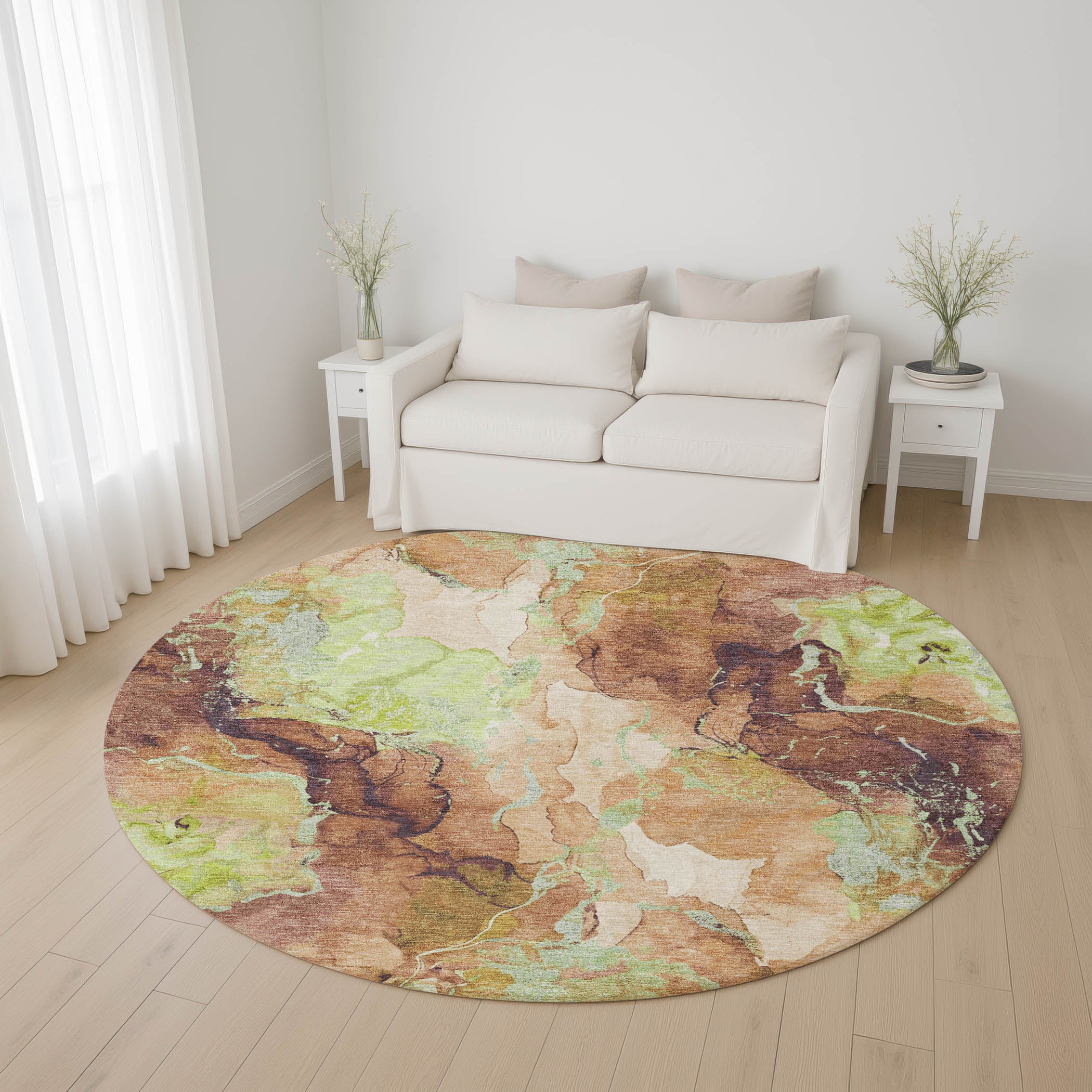 Montevideo Machine Washable Transitional Mocha Brown Rug 8' x 8' #shape_Round