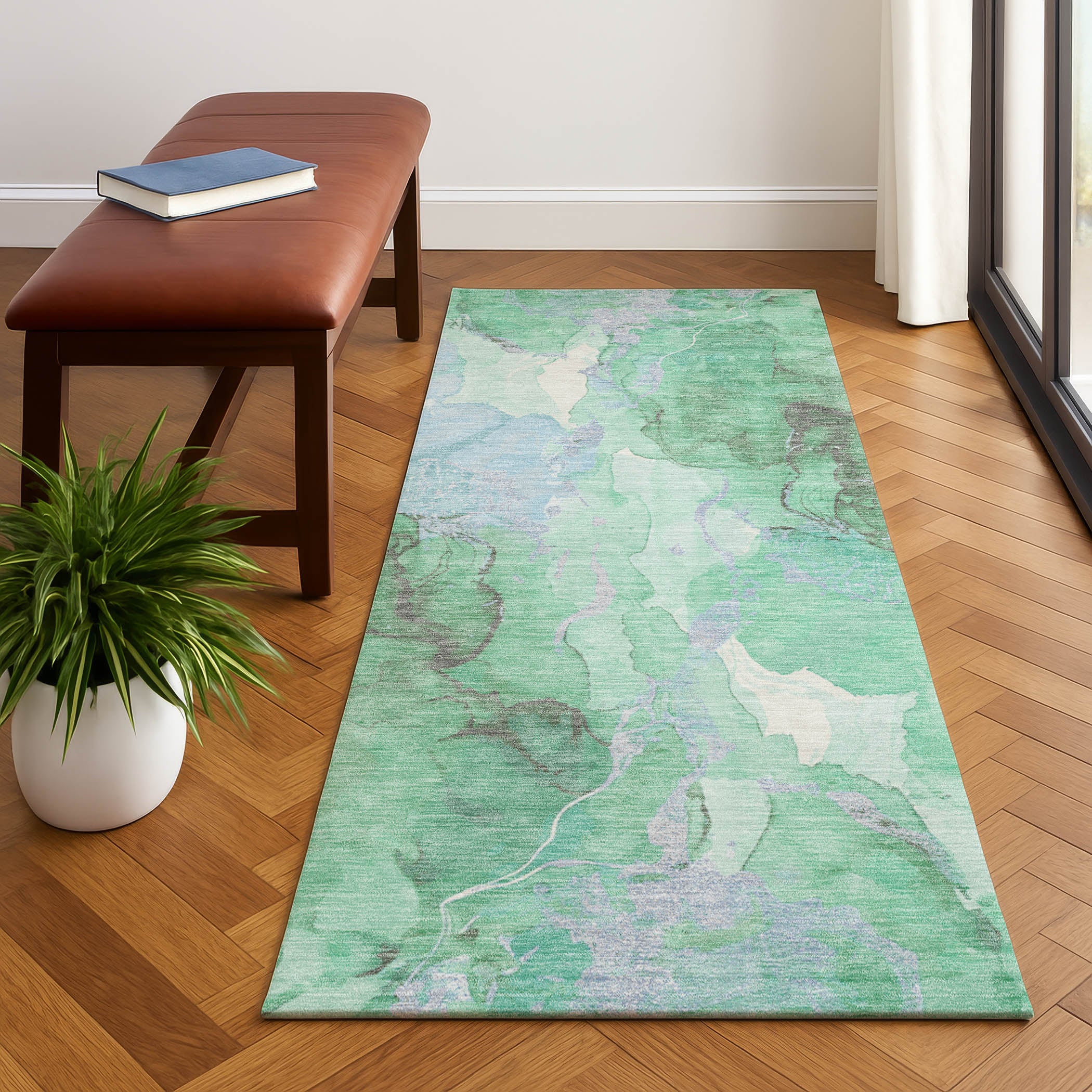 Montevideo Machine Washable Transitional Seafoam Blue Rug 2'3" x 7'6" #shape_Runner