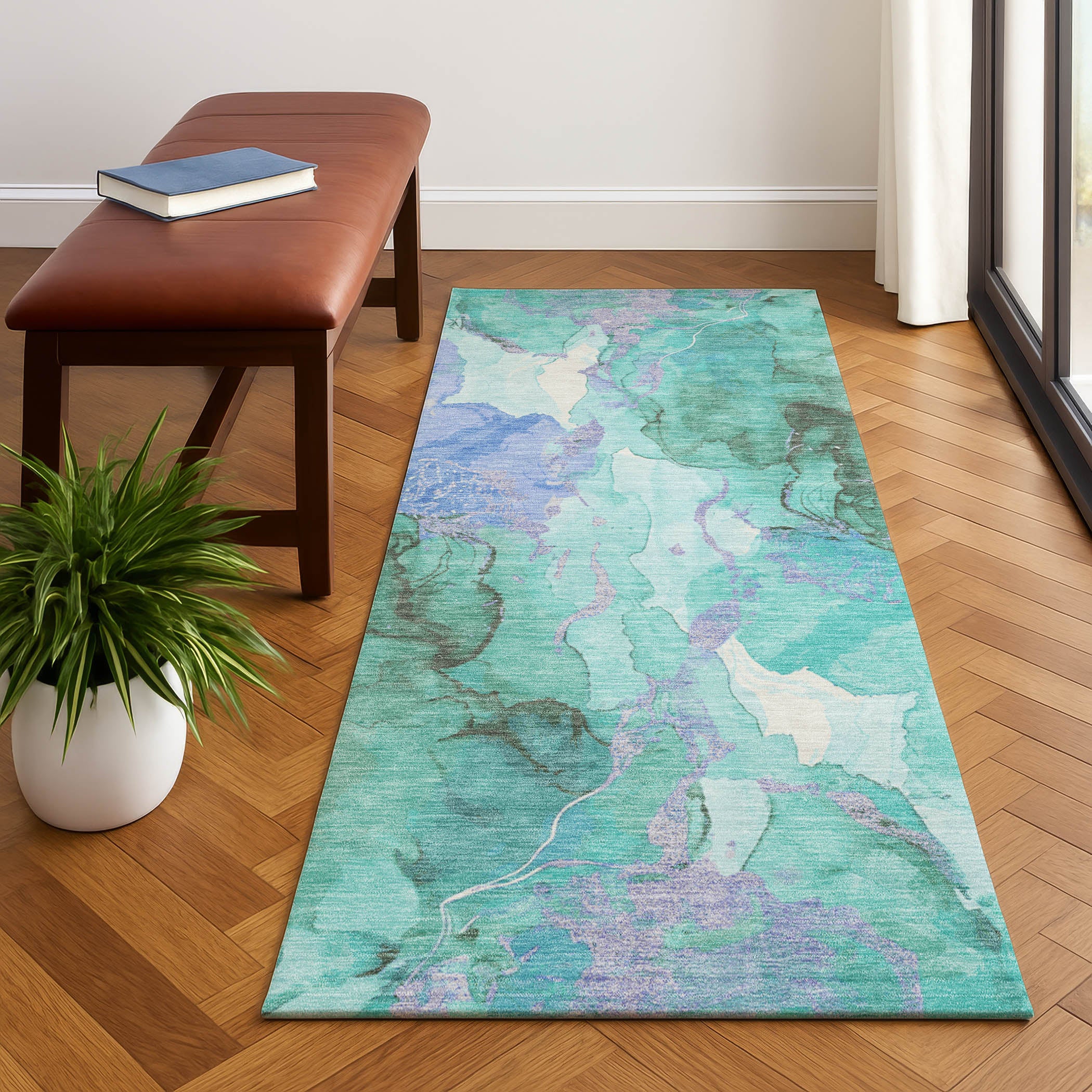 Montevideo Machine Washable Transitional Teal Rug 2'3" x 7'6" #shape_Runner