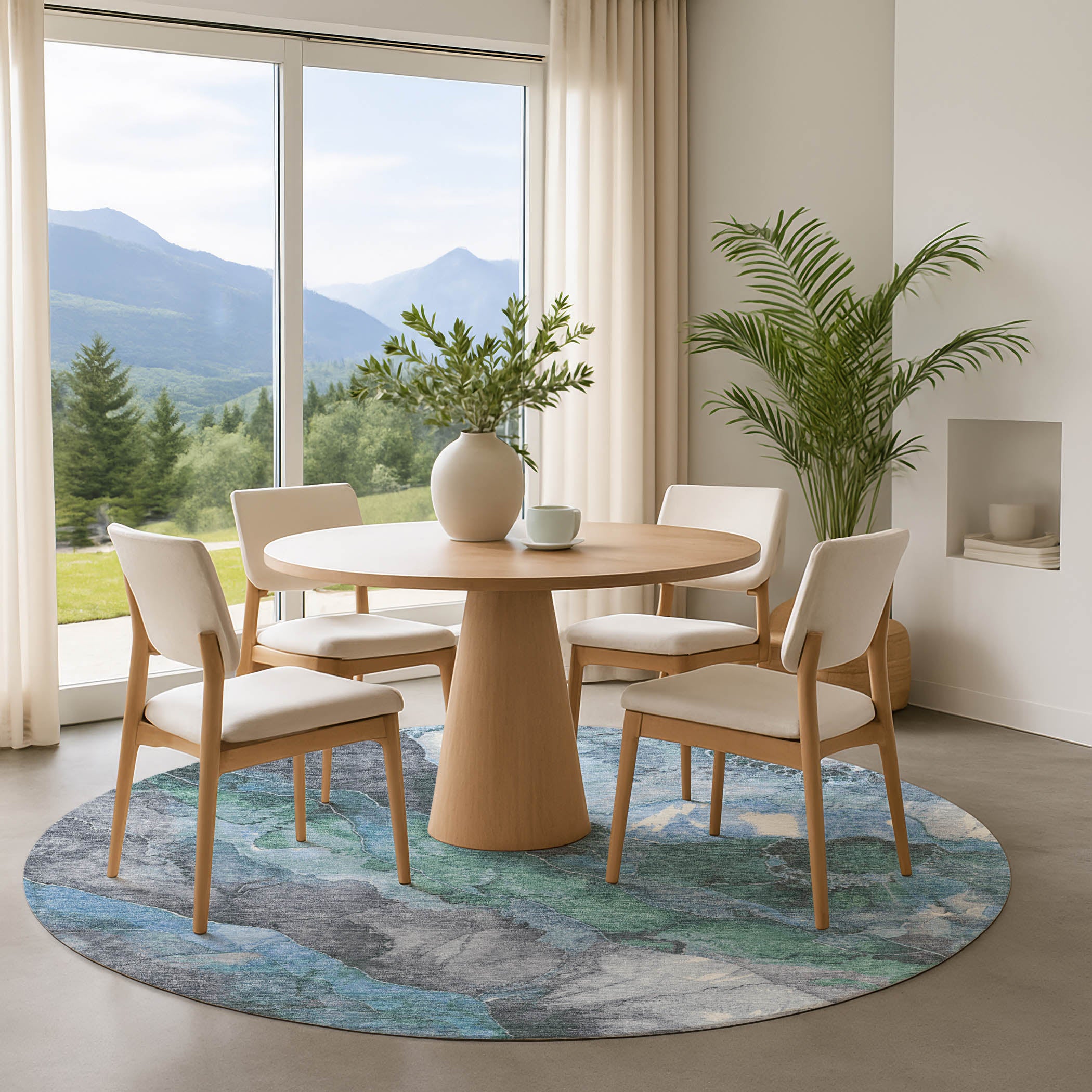Lima Machine Washable Transitional Blue Rug 8' x 8' #shape_Round
