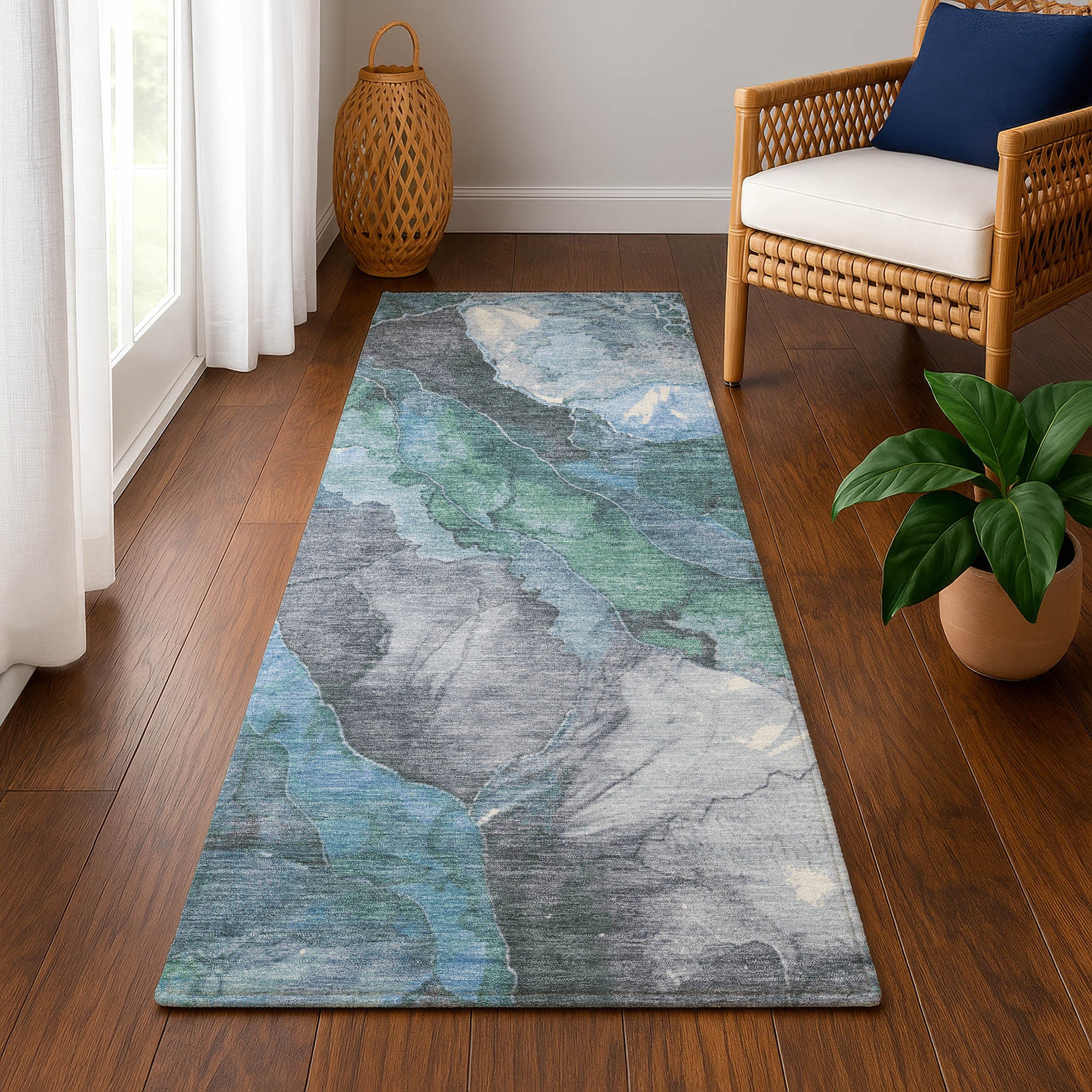 Lima Machine Washable Transitional Blue Rug 2'3" x 7'6" #shape_Runner