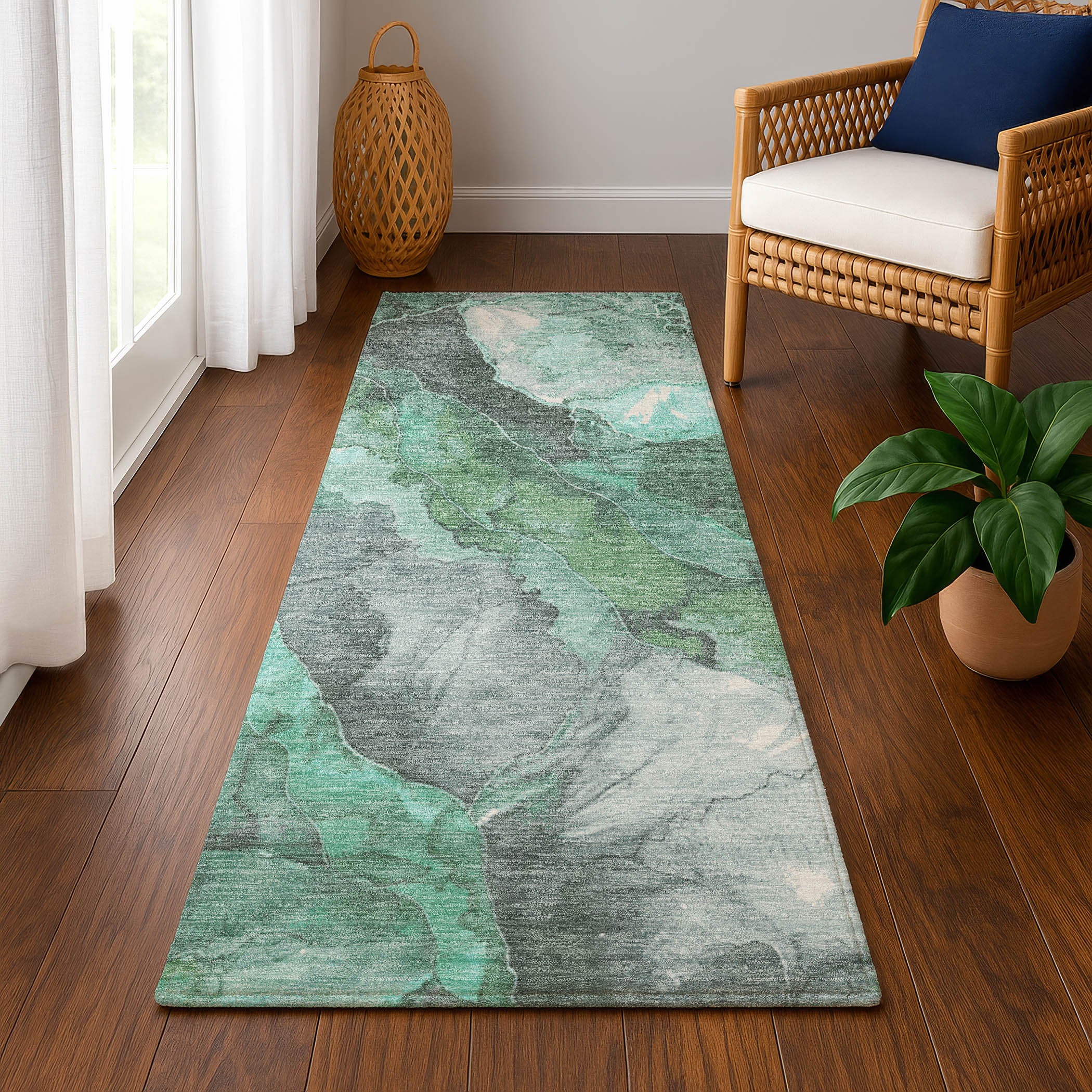 Lima Machine Washable Transitional Teal Rug 2'3" x 7'6" #shape_Runner