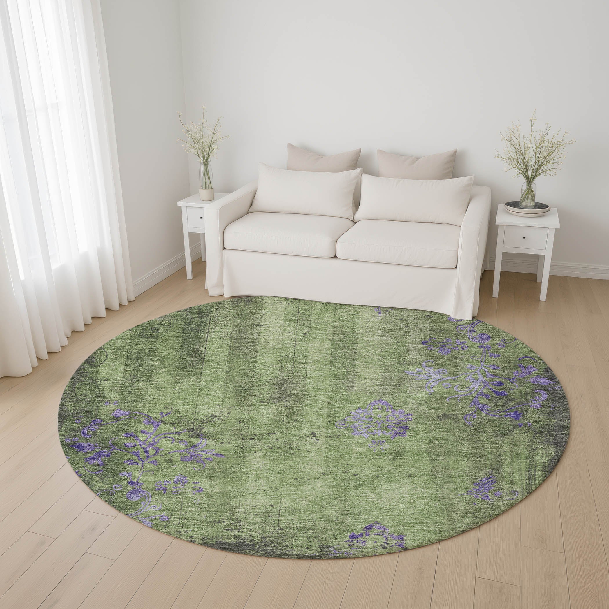 Queenstown Machine Washable Transitional Aloe Green Rug 8' x 8' #shape_Round