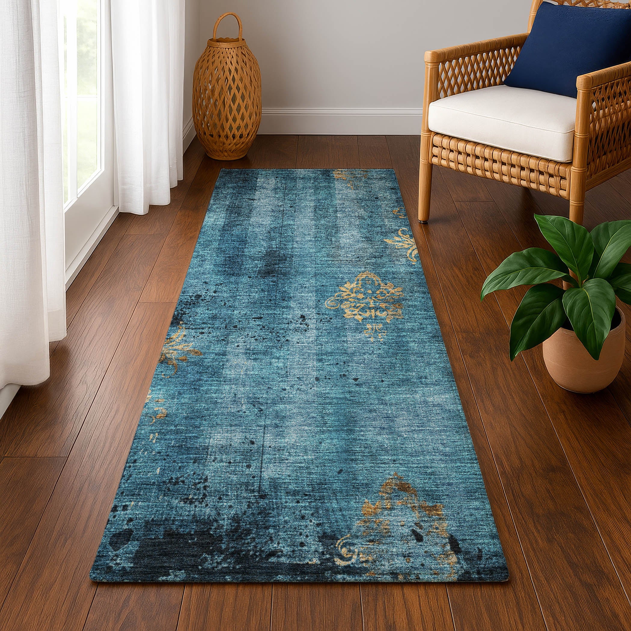 Queenstown Machine Washable Transitional Blue Rug 2'3" x 7'6" #shape_Runner