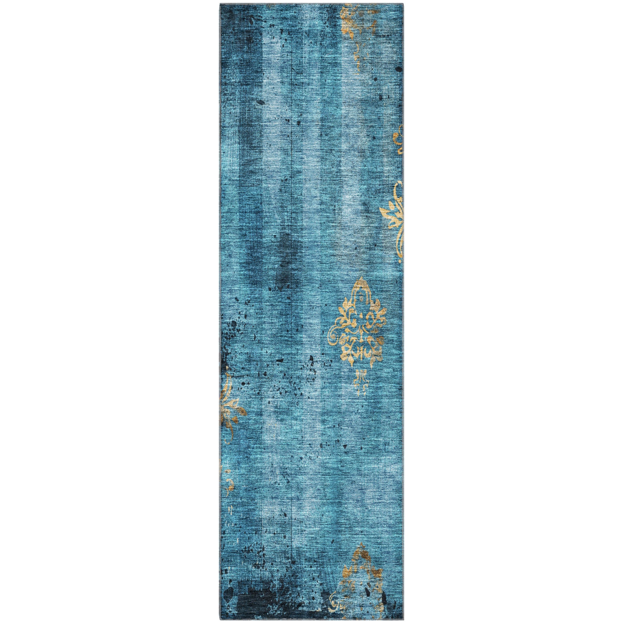 Queenstown Machine Washable Transitional Blue Rug 2'3" x 7'6" #shape_Runner