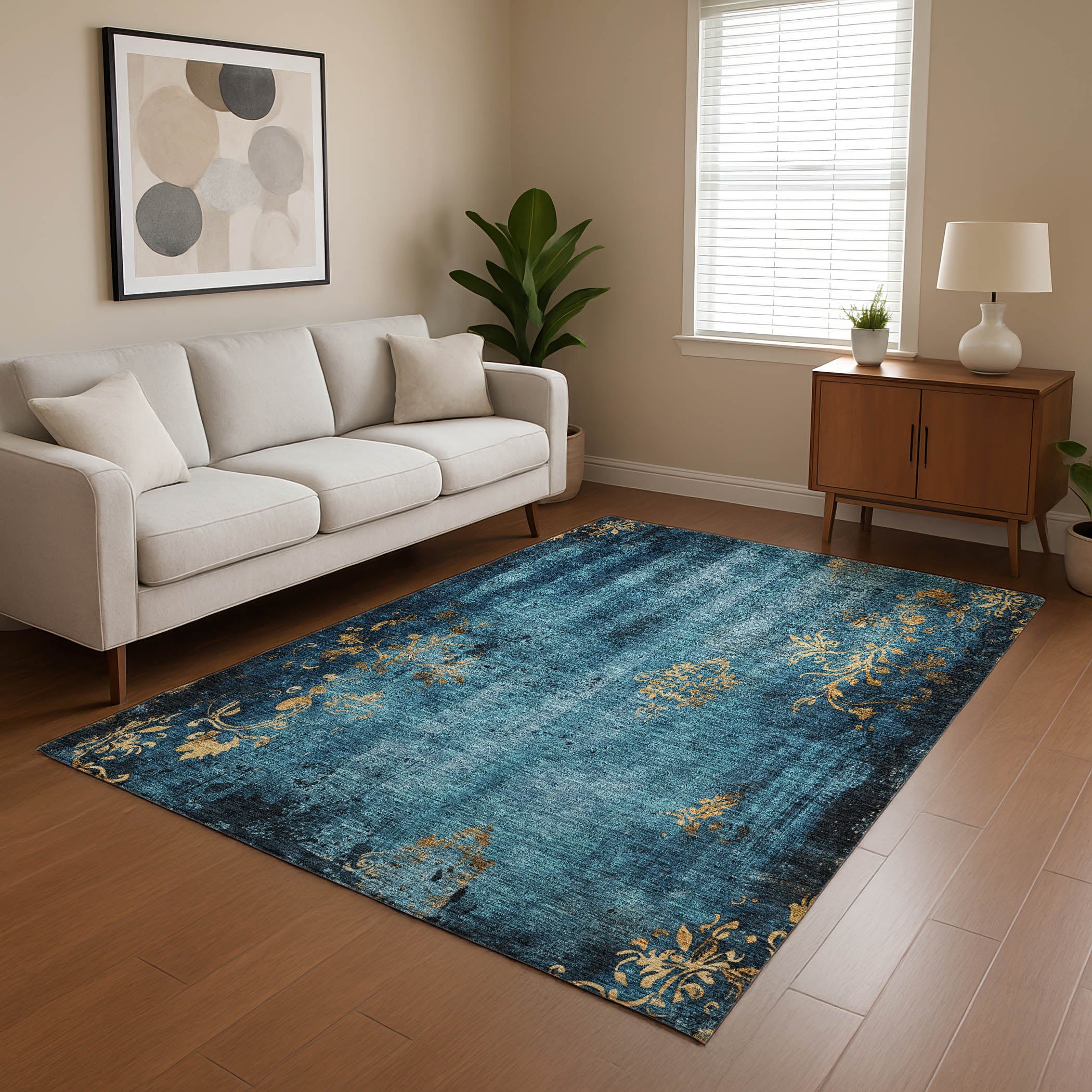 Queenstown Machine Washable Transitional Blue Rug 2'6" x 3'10" #shape_Rectangle
